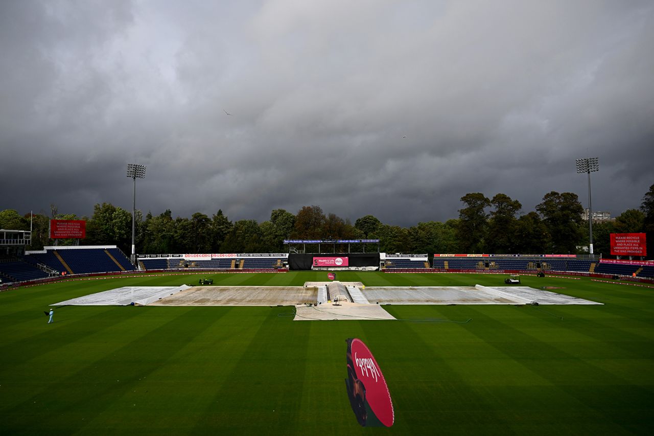 Rain throughout the day made for a soggy scene in Cardiff, England vs South Africa, 1st Men's T20I, Sophia Gardens, Cardiff, September 10, 2025