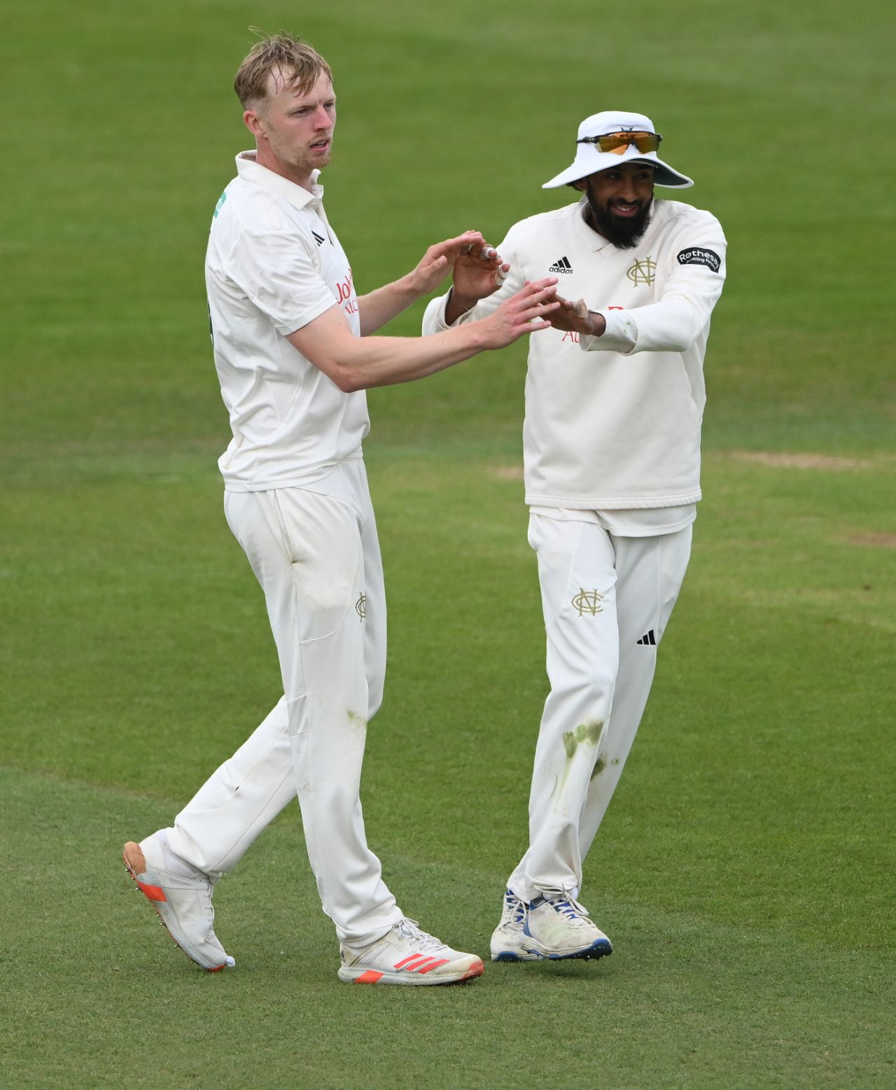 Lyndon James and Haseeb Hameed celebrate a wicket, Durham vs Nottinghamshire, County Championship, May 18, 2025