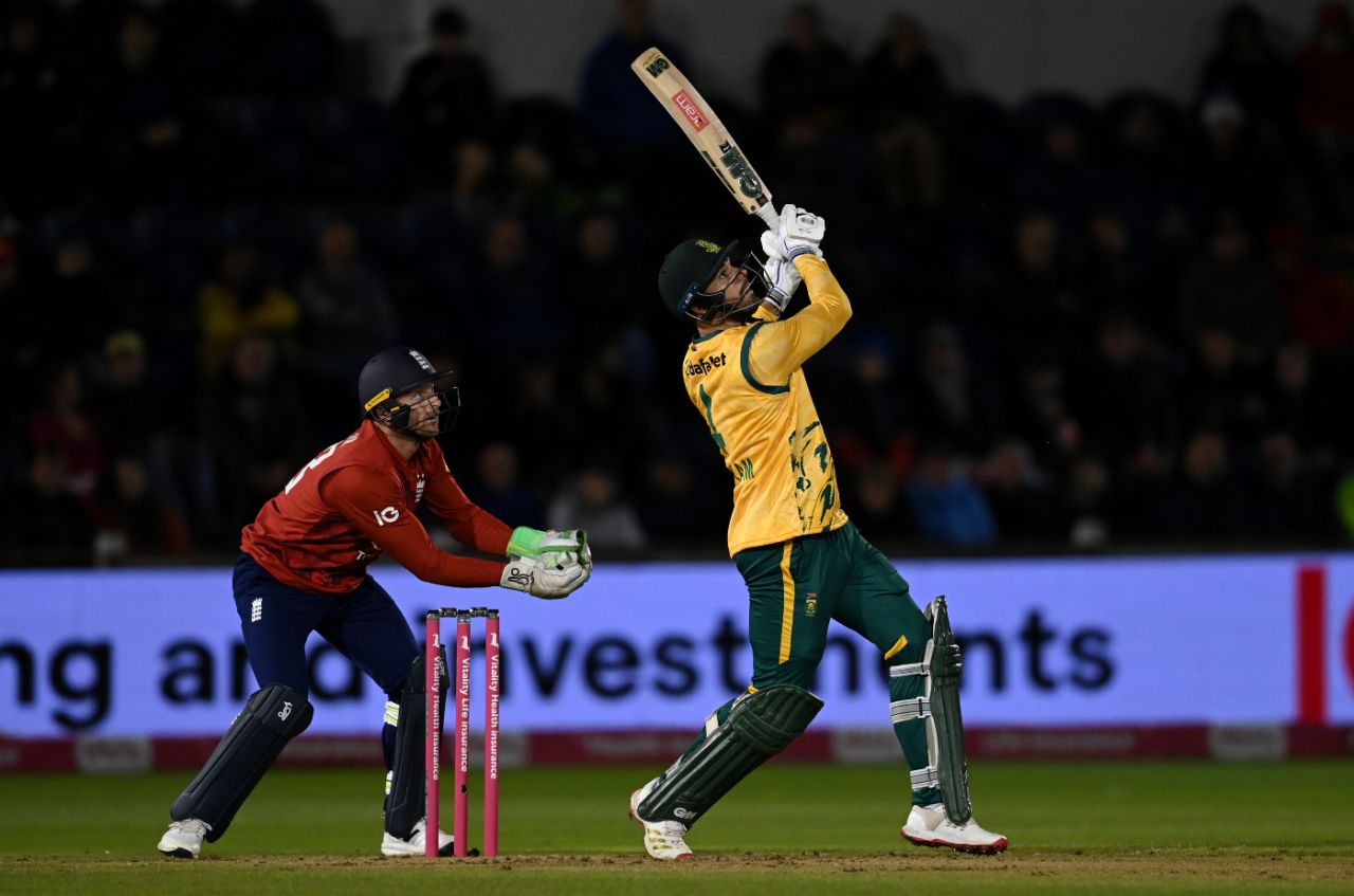 Aiden Markram launches the ball during his rapid innings, England vs South Africa, 1st Men's T20I, Cardiff, September 10, 2025