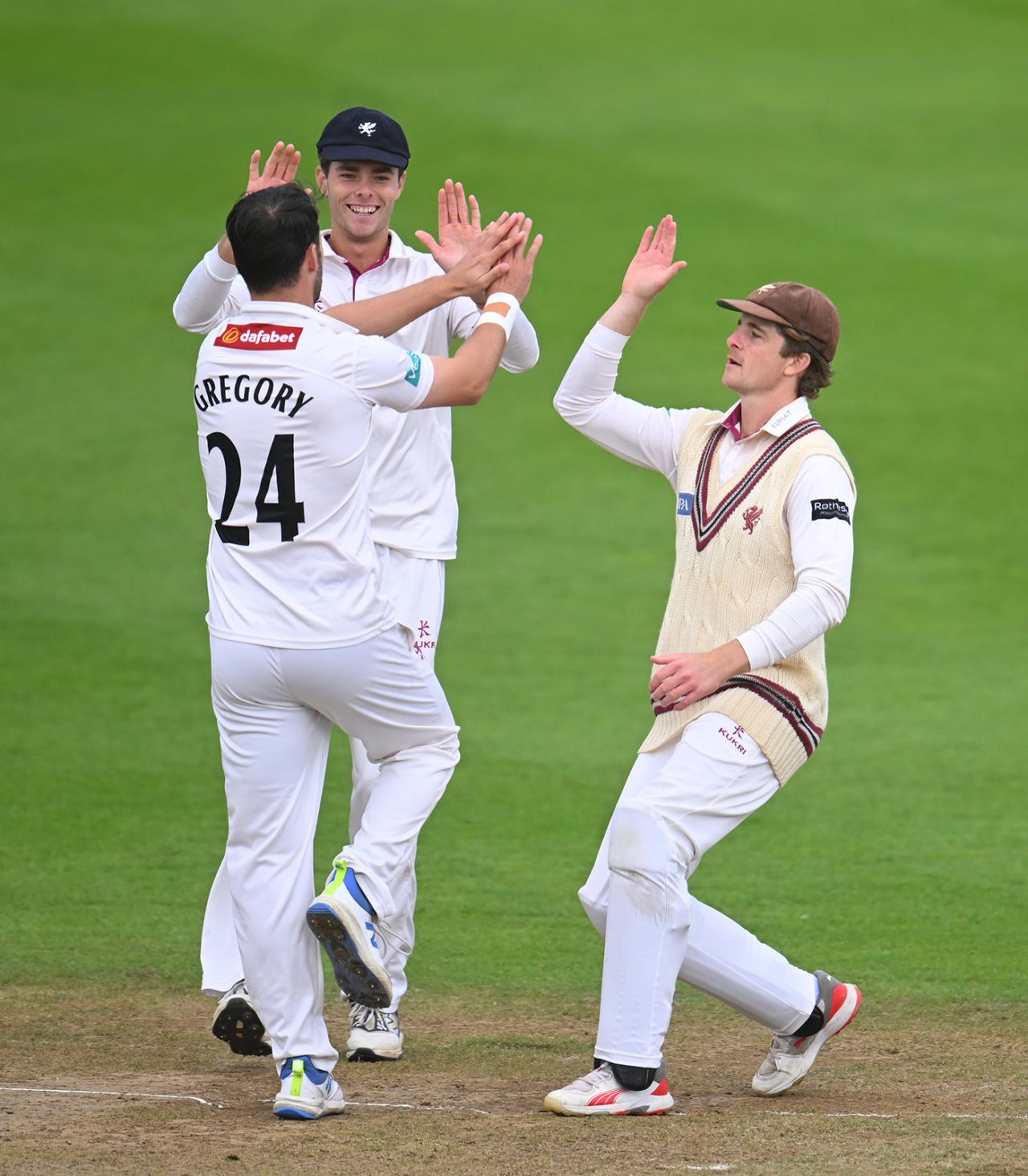 Lewis Gregory celebrates a breakthrough, Somerset vs Yorkshire, County Championship, Taunton, September 11, 2025