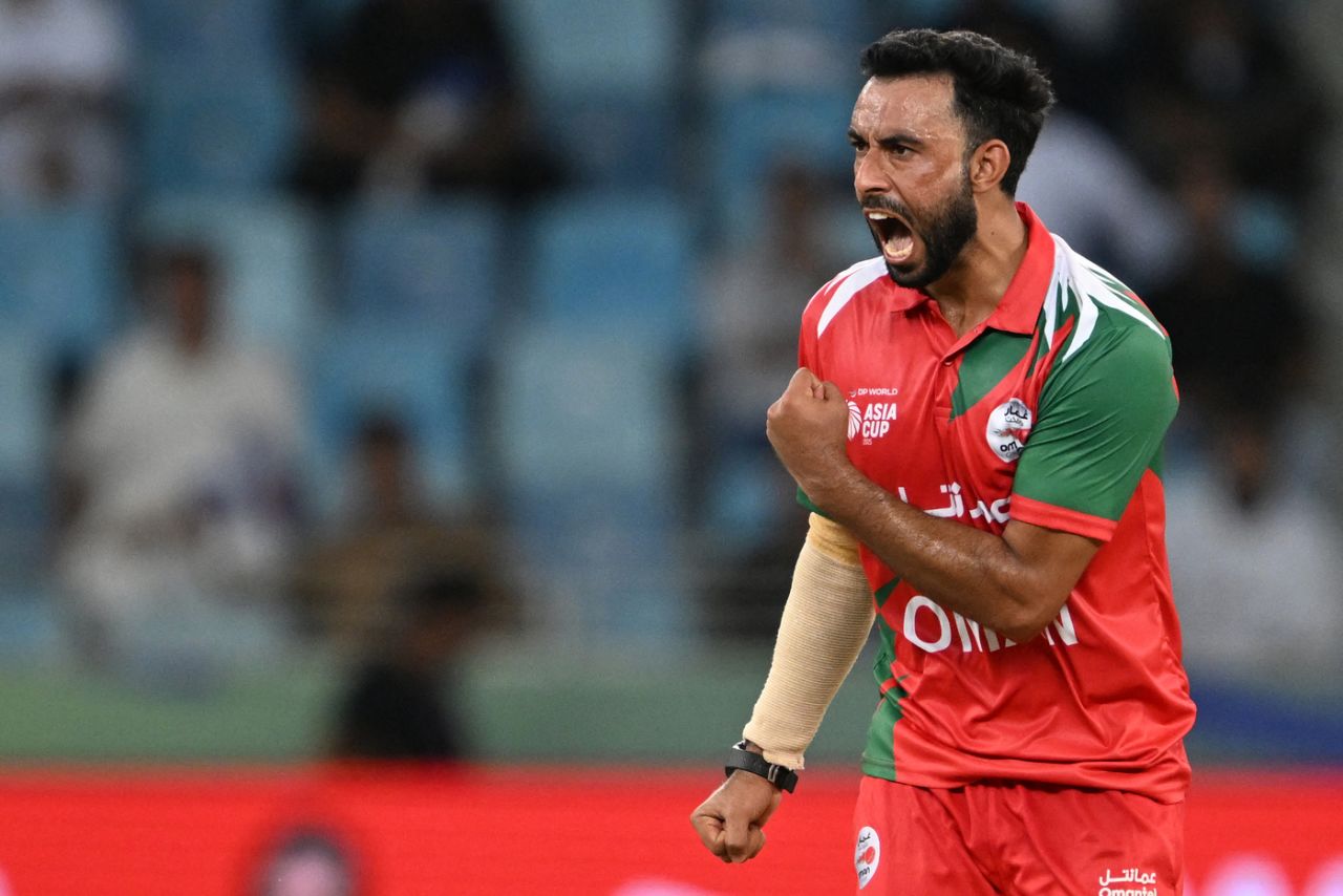 Shah Faisal celebrates a wicket, Pakistan vs Oman, Men's T20 Asia Cup, Dubai, September 12, 2025