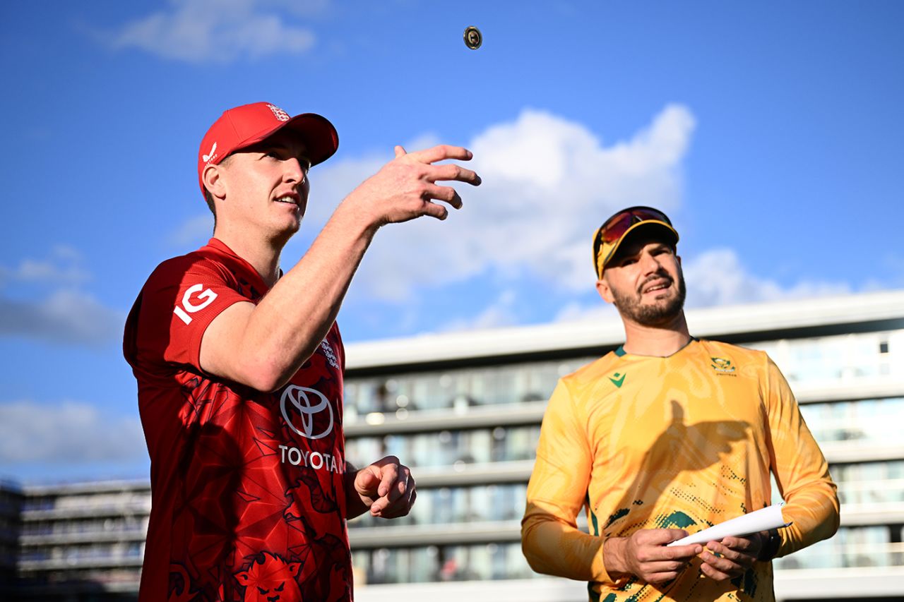 Harry Brook and Aiden Markram at the coin toss, England vs South Africa, 2nd Men's T20I, Emirates Old Trafford, Manchester, September 12, 2025