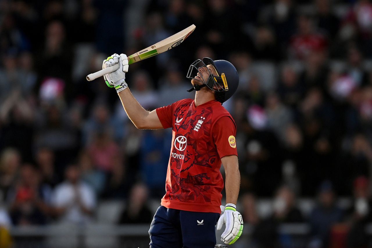Jos Buttler celebrates his 50 with a look to the heavens, England vs South Africa, 2nd Men's T20I, Emirates Old Trafford, Manchester, September 12, 2025