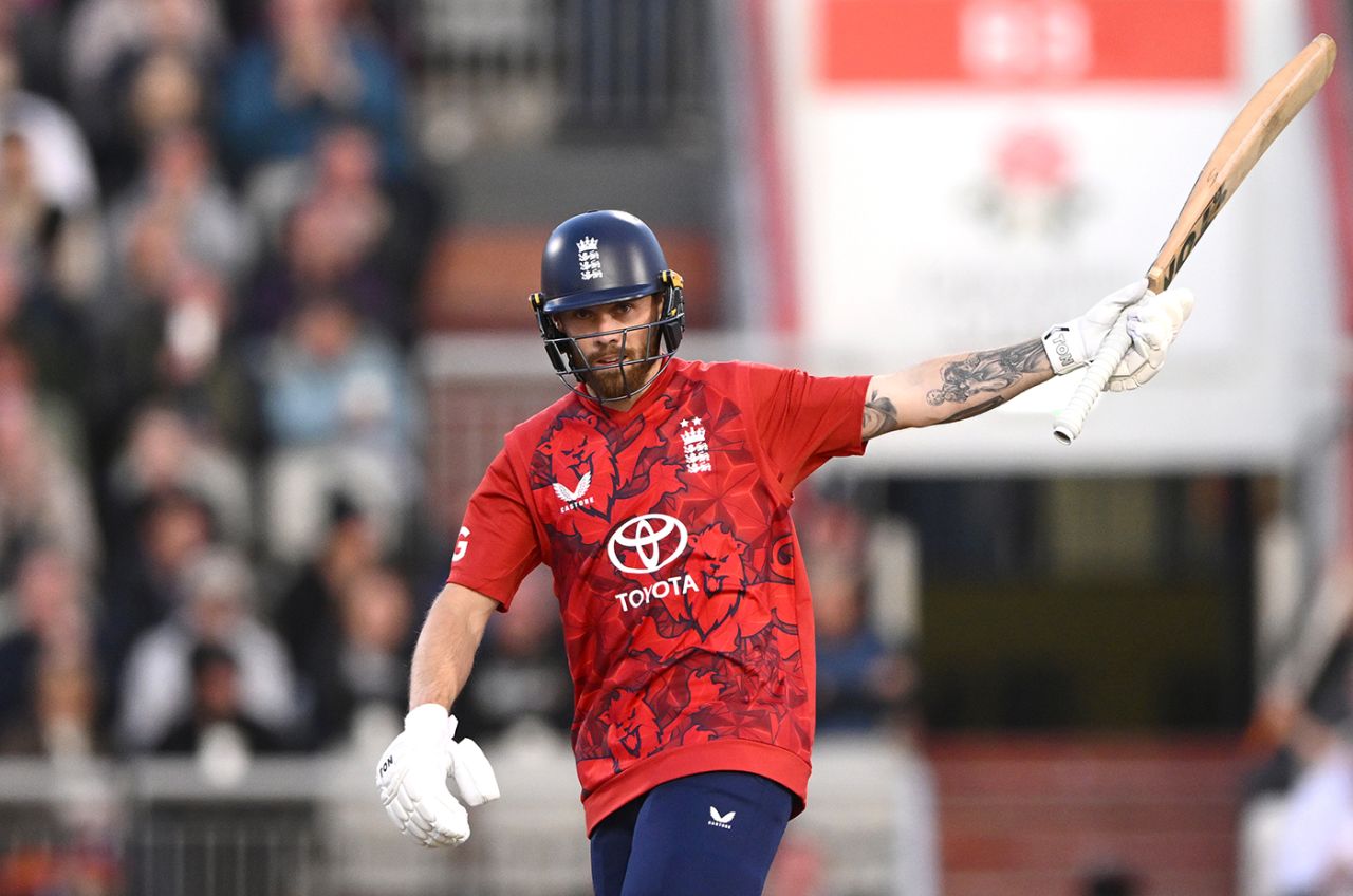 Phil Salt acknowledges the applause for his half-century, England vs South Africa, 2nd Men's T20I, Emirates Old Trafford, Manchester, September 12, 2025