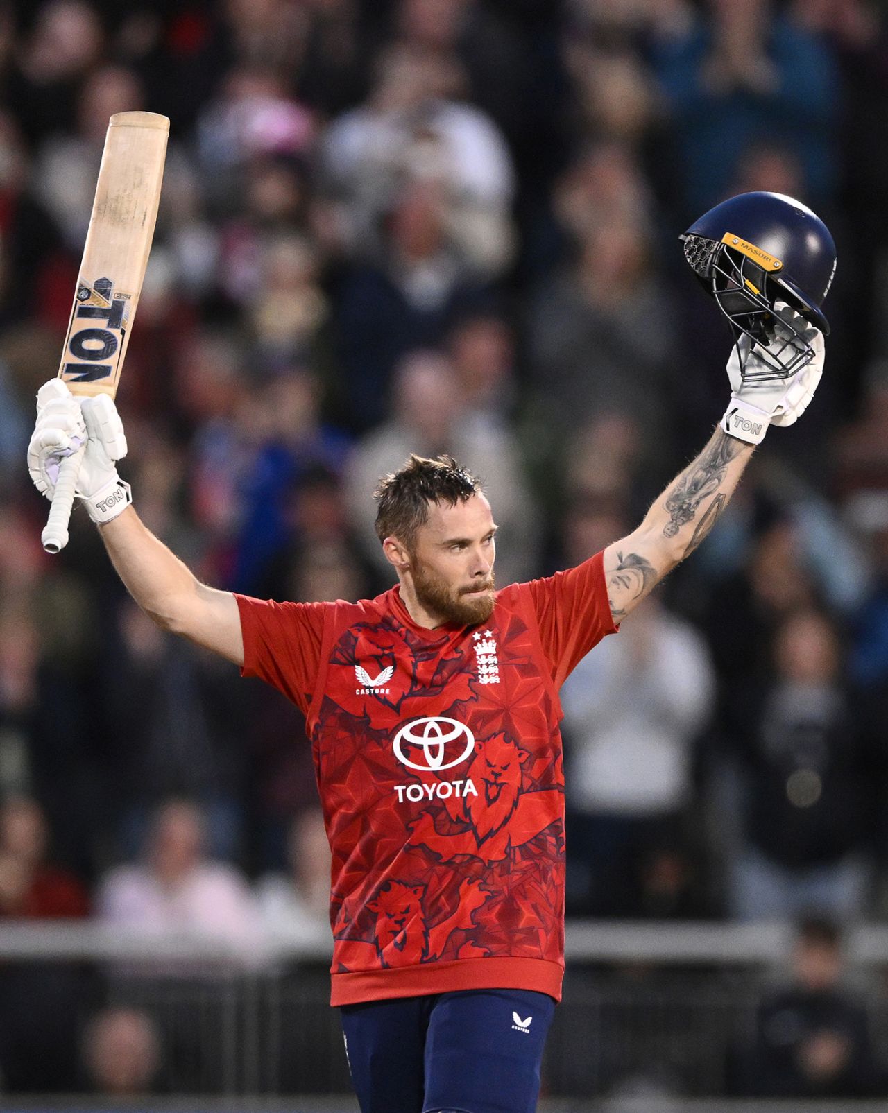 Phil Salt celebrates his fourth T20 international hundred, England vs South Africa, 2nd Men's T20I, Emirates Old Trafford, Manchester, September 12, 2025