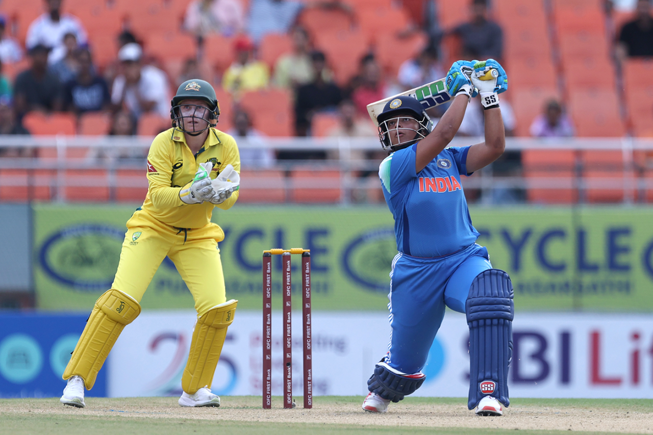 Richa Ghosh goes over the off side, India vs Australia, 1st women's ODI, New Chandigarh, September 14, 2025