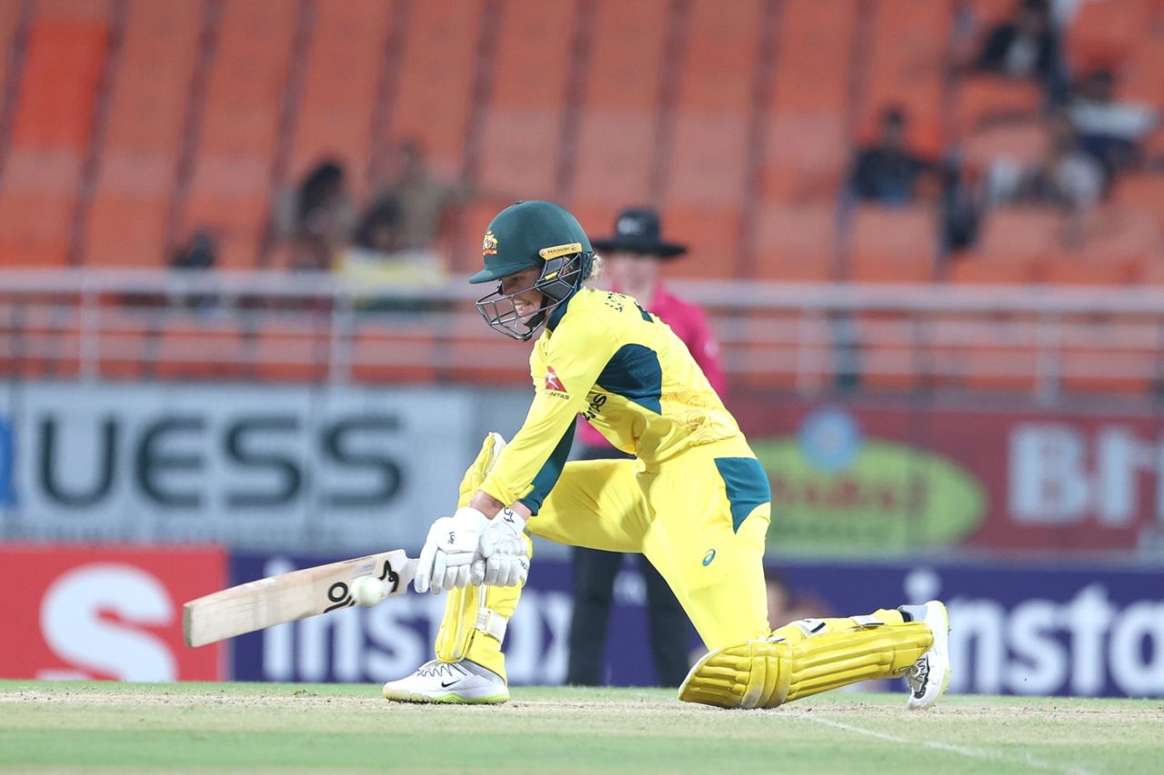Phoebe Litchfield plays a reverse sweep, India vs Australia, 1st women's ODI, New Chandigarh, September 14, 2025