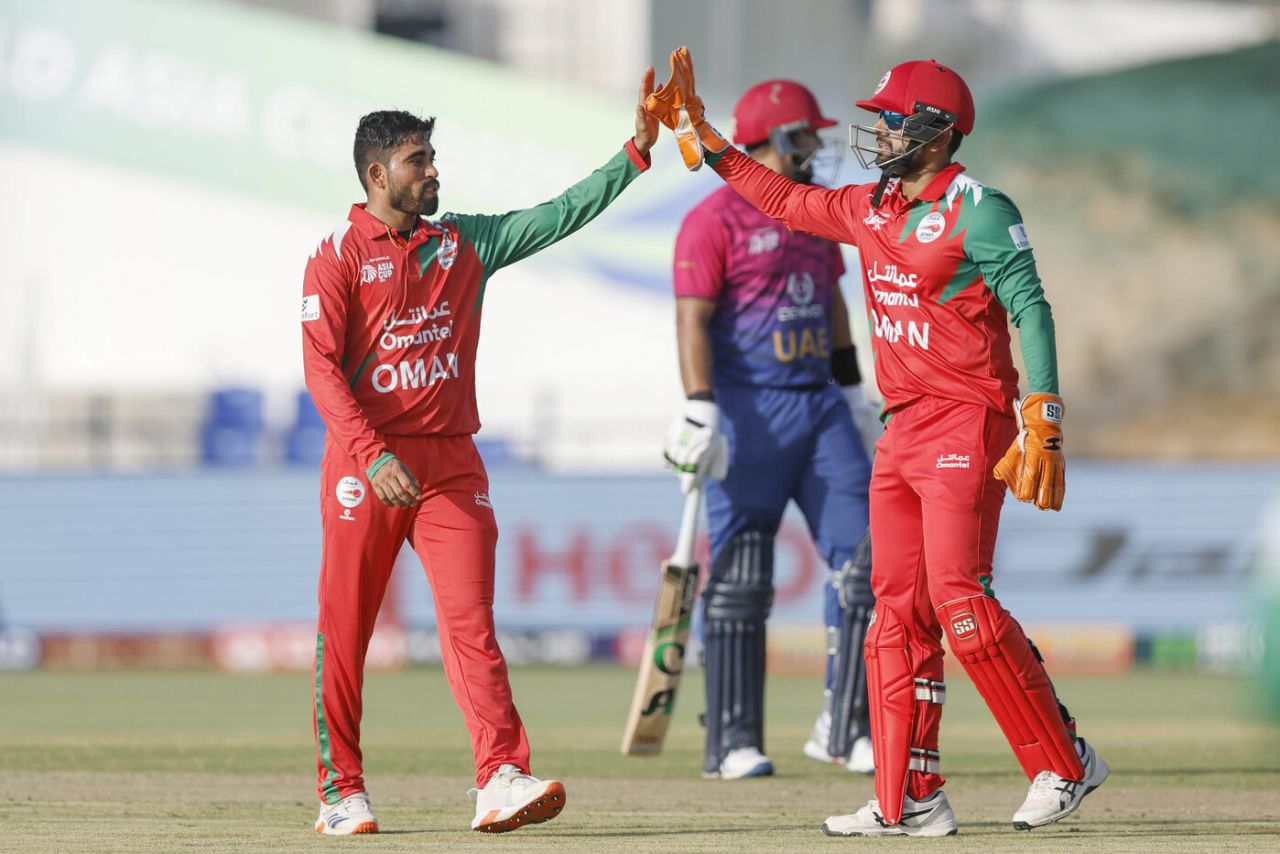 Jiten Ramanandi was the pick of the Oman bowlers, UAE vs Oman, Men's T20 Asia Cup, Abu Dhabi, September 15, 2025