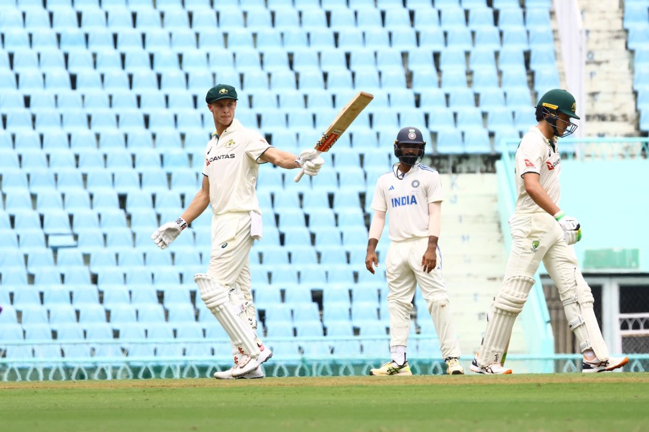 Campbell Kellaway celebrates his half-century, India A vs Australia A, 1st unofficial Test, Lucknow, Day 1, September 16, 2025
