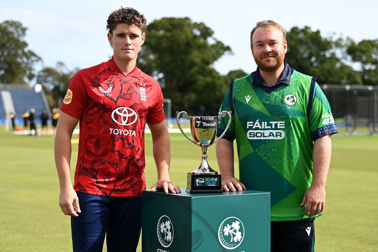 Jacob Bethell and Paul Stirling pose with the series trophy, Ireland vs England, 1st T20I, Dublin, September 16, 2025