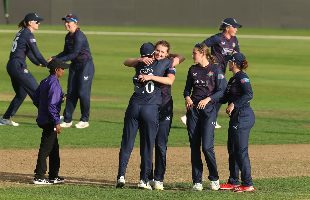 Grace Potts gets a hug from Kate Cross after helping seal victory, The Blaze vs Lancashire, Women's One-Day Cup semi-final, Trent Bridge, September 16, 2025