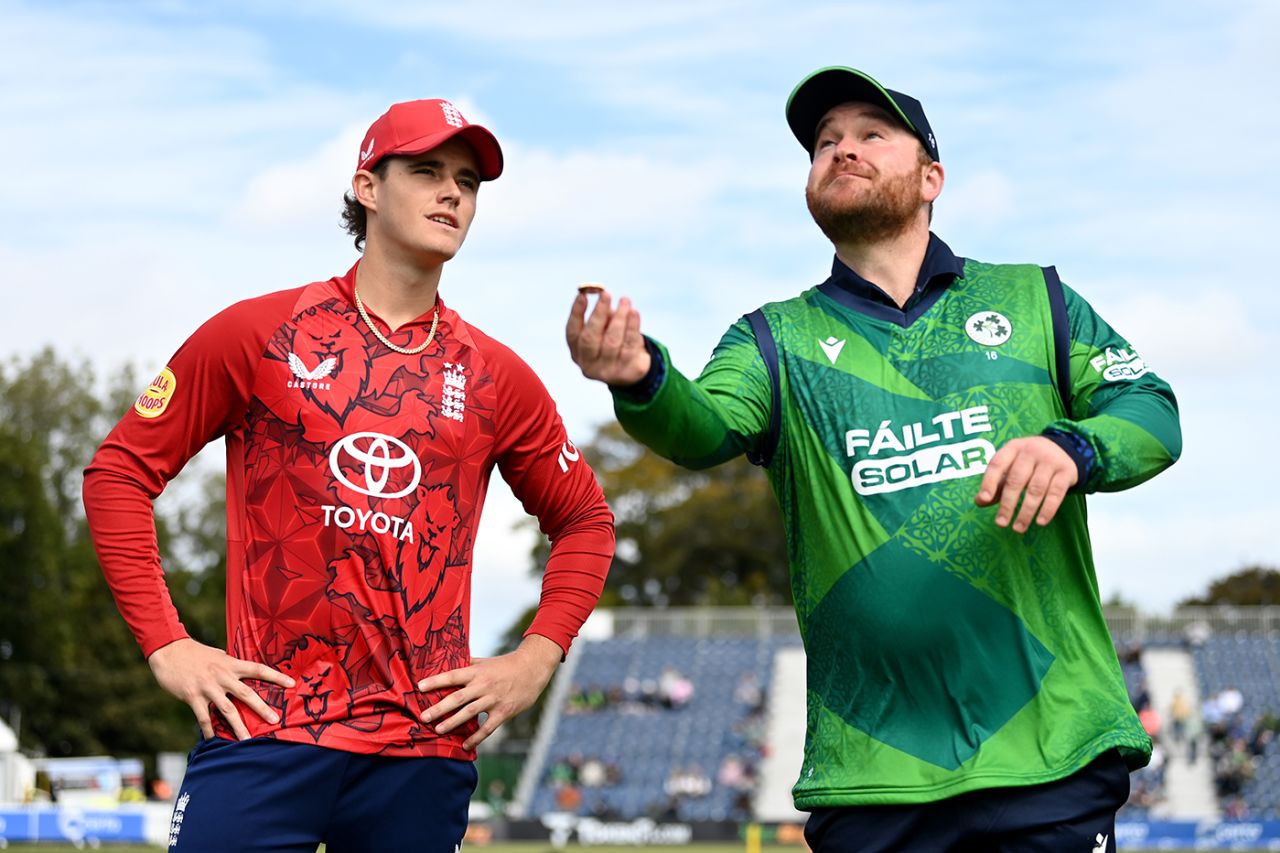 Jacob Bethell and Paul Stirling at the toss, Ireland vs England, 1st Men's T20 International, Malahide, Dublin, September 17, 2025