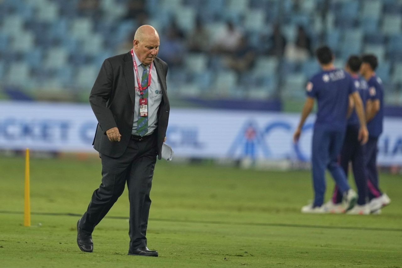 Match referee Andy Pycroft on the field, UAE vs Pakistan, Men's T20 Asia Cup, Dubai, September 17, 2025