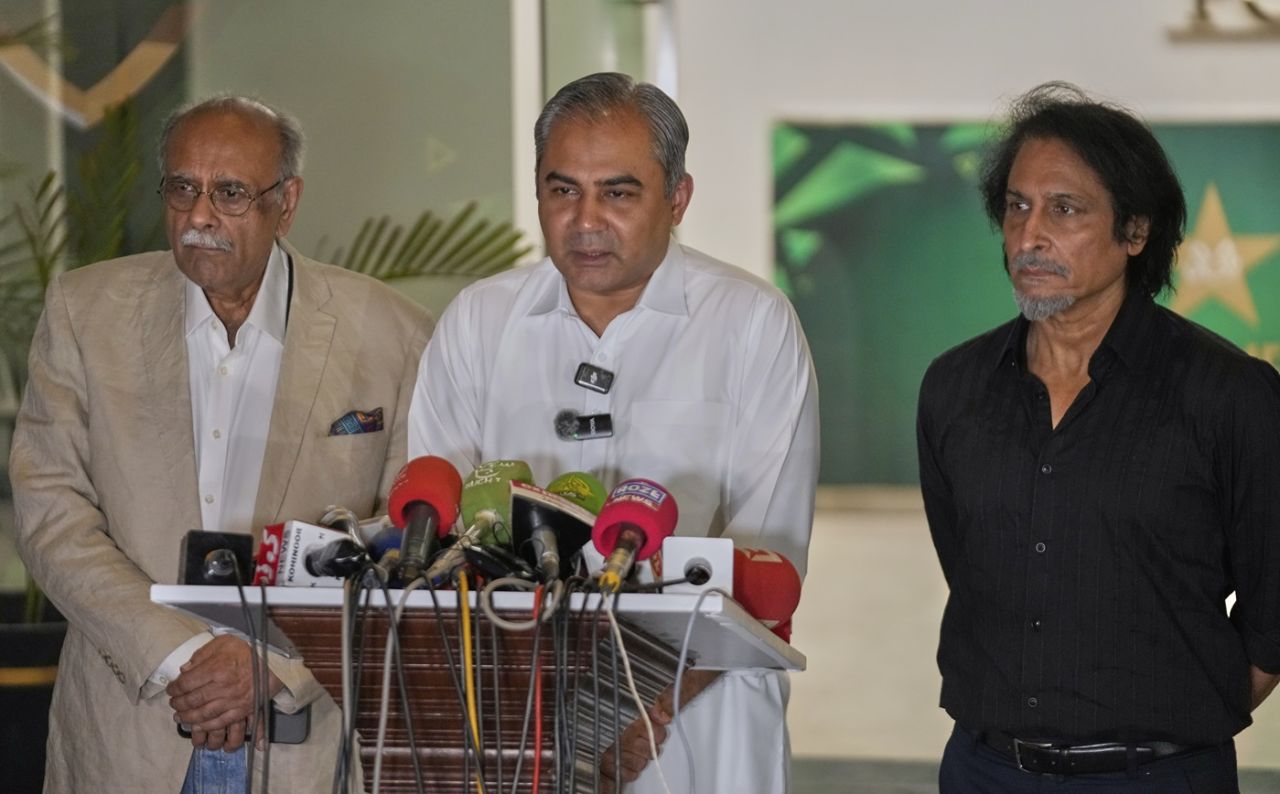 Najam Sethi, Mohsin Naqvi and Ramiz Raja address the media, Lahore, September 17, 2025