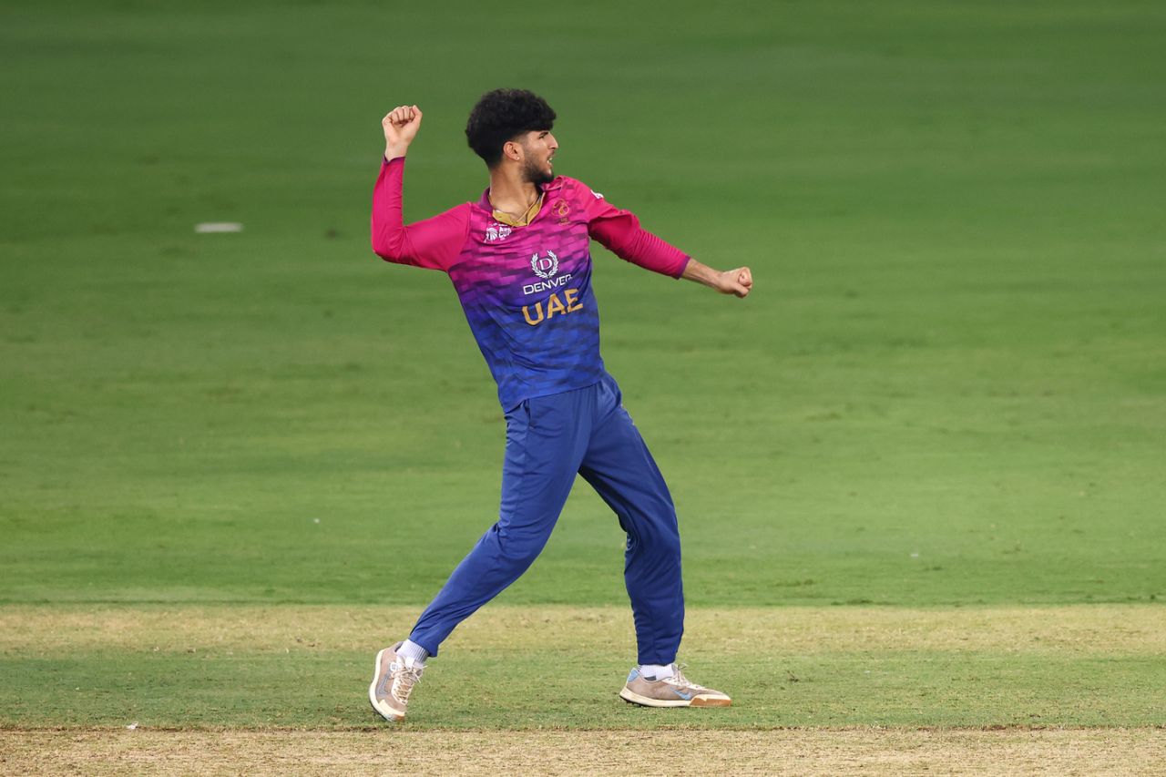 Dhruv Parashar celebrates a crucial breakthrough, UAE vs Pakistan, Men's T20 Asia Cup, Dubai, September 17, 2025