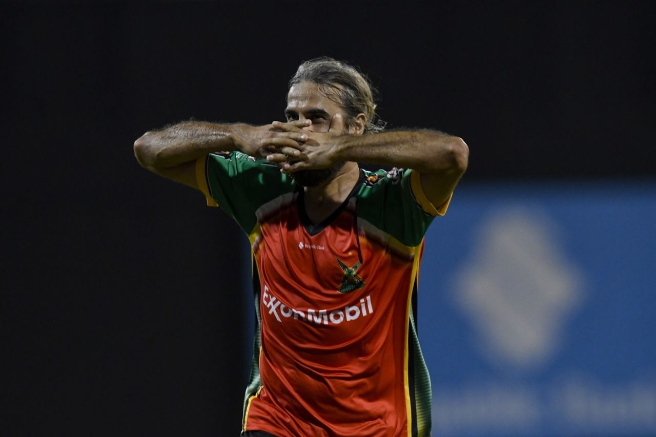 Imran Tahir celebrates dismissing Aaron Jones, Guyana Amazon Warriors vs St Lucia Kings, CPL, Qualifier 1, Guyana, September 17, 2025