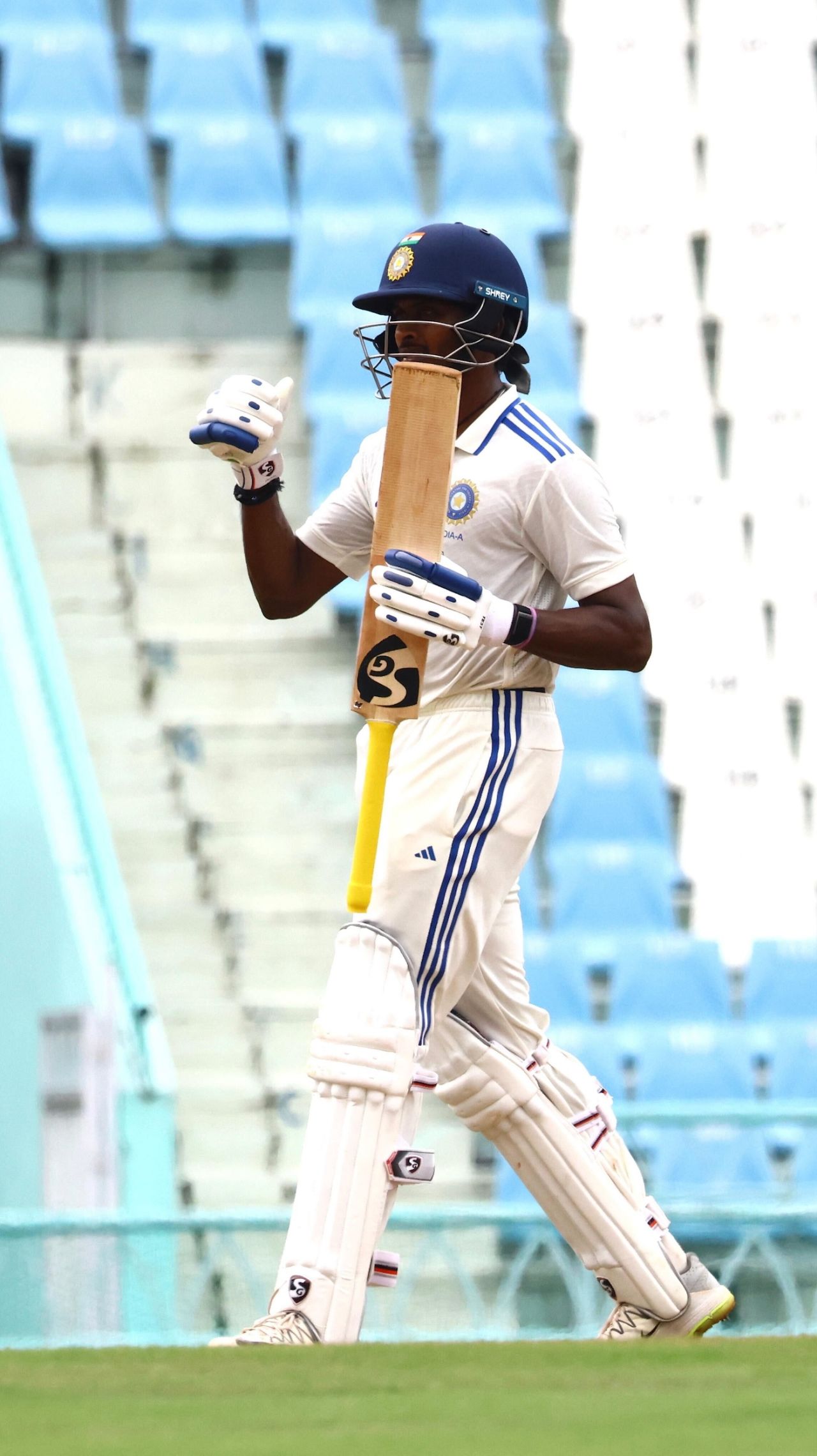 B Sai Sudharsan acknowledges his half-century, India A vs Australia A, 1st unofficial Test, Lucknow, 3rd day, September 18, 2025