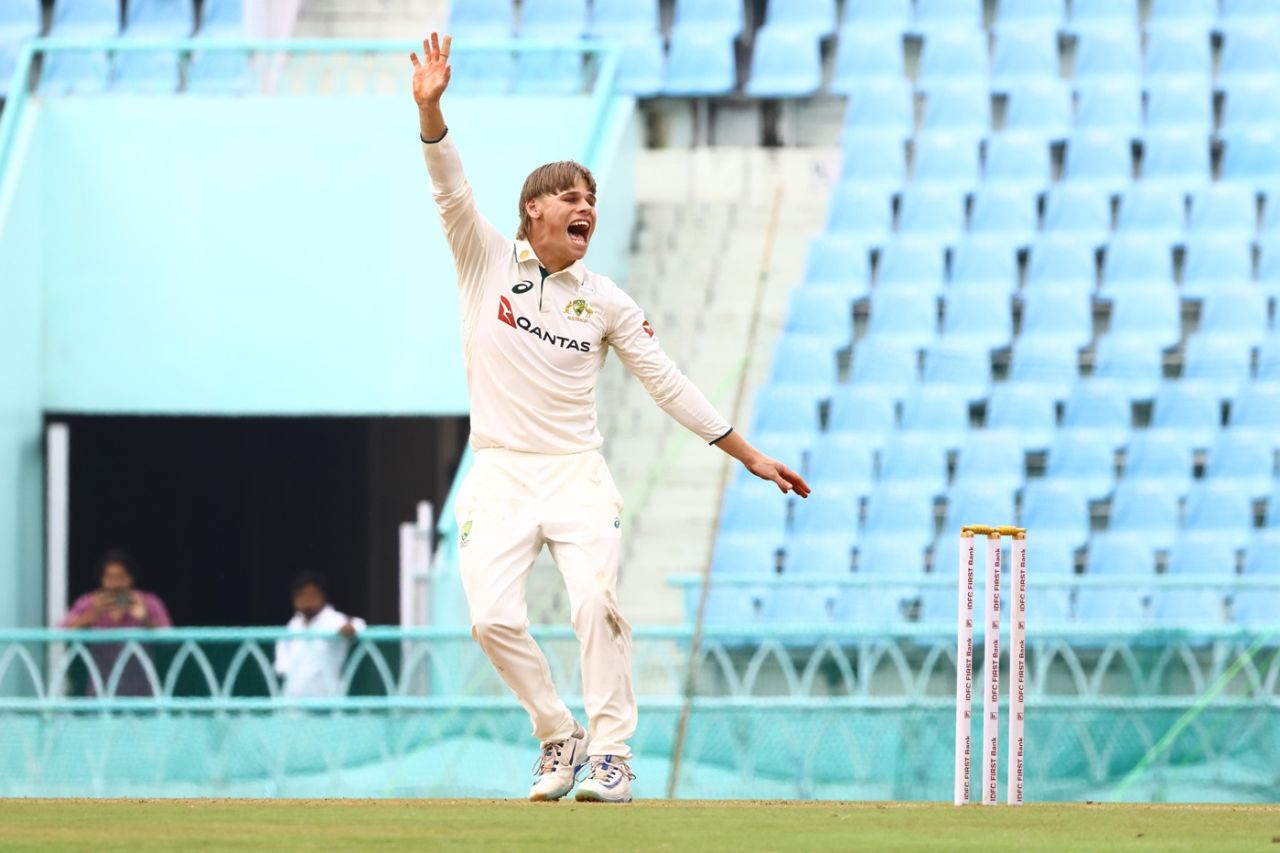 Cooper Connolly trapped B Sai Sudharsan lbw, India A vs Australia A, 1st unofficial Test, Lucknow, 3rd day, September 18, 2025