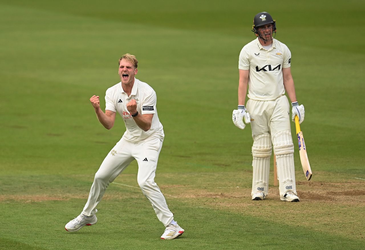 Dillon Pennington claimed the wicket of Dan Lawrence lbw, Surrey vs Nottinghamshire, County Championship, Division One, The Oval, September 18, 2025