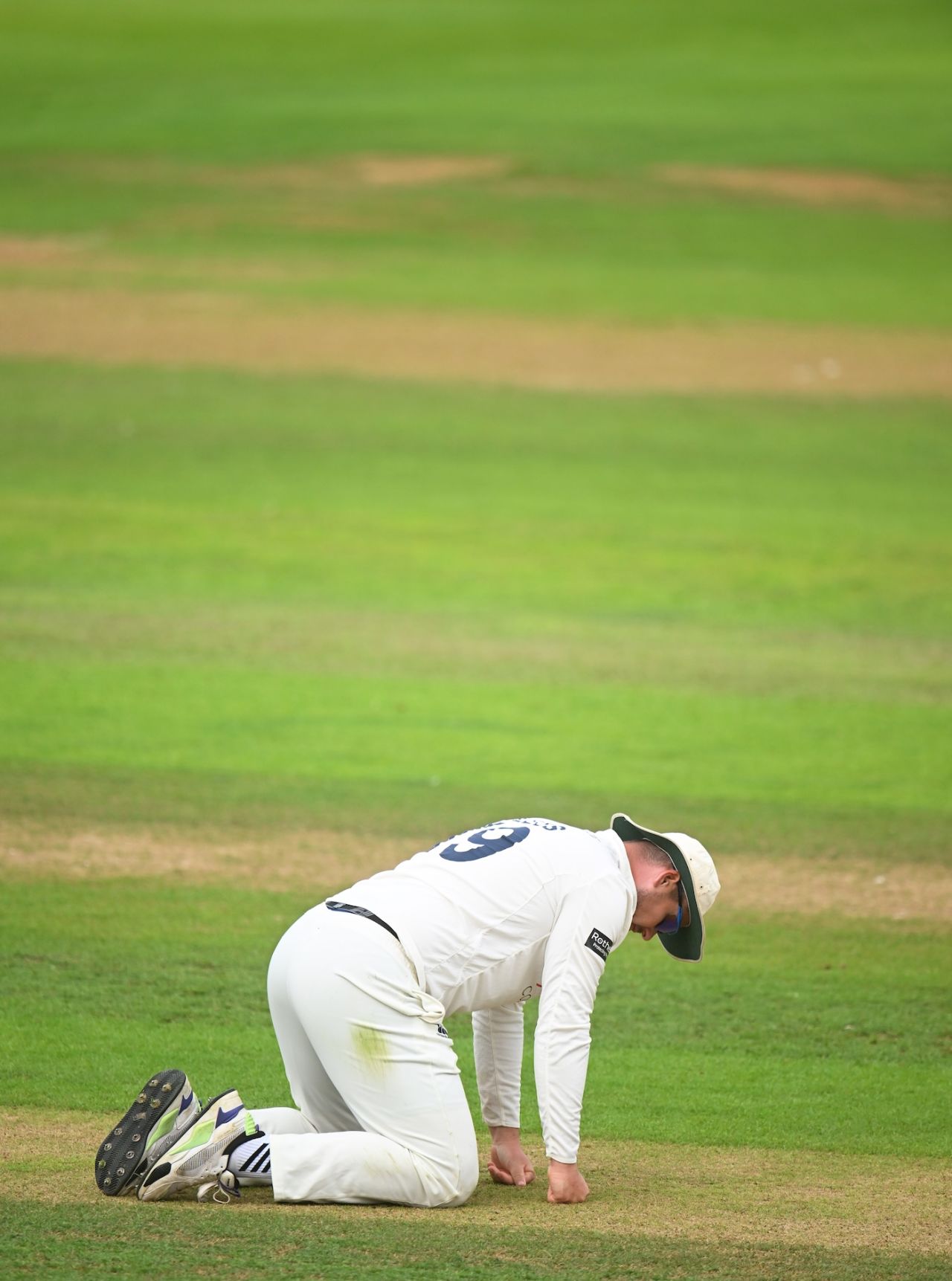 Alex Lees assesses the Taunton pitch on day one, Somerset vs Durham, Taunton, Division One, Rothesay County Championship, July 22, 2025 