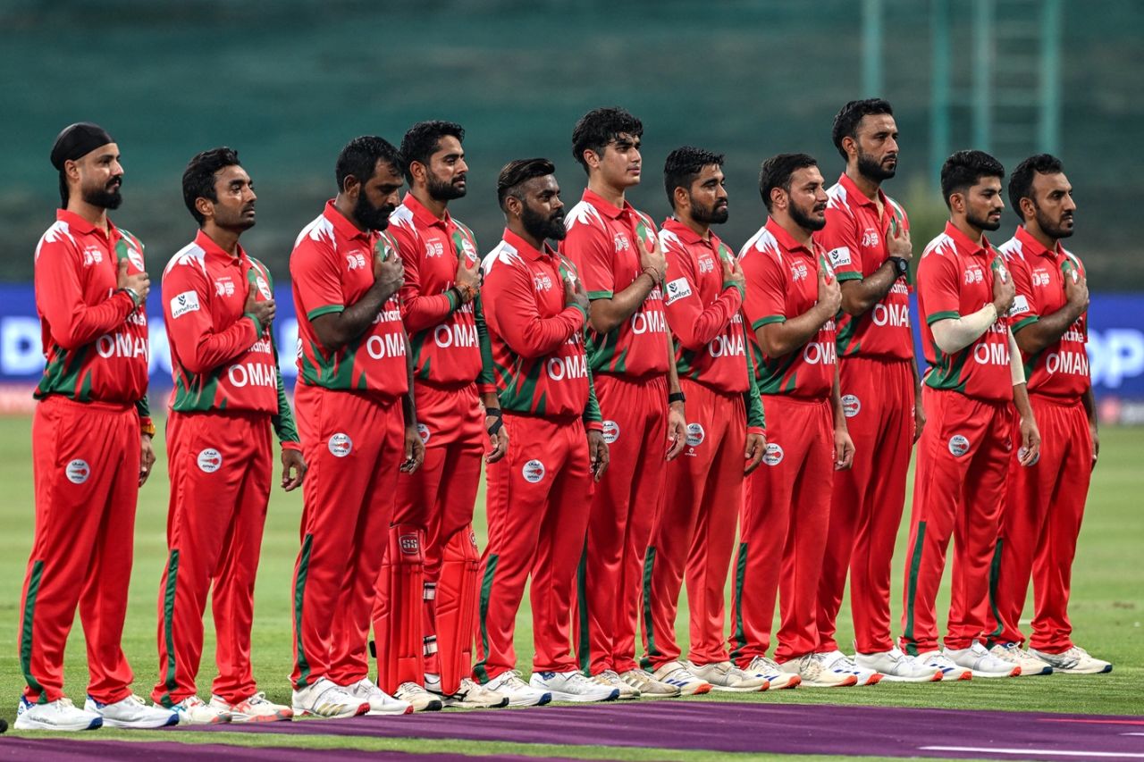 Oman players line up for the national anthem, India vs Oman, Asia Cup, Dubai, September 19, 2025