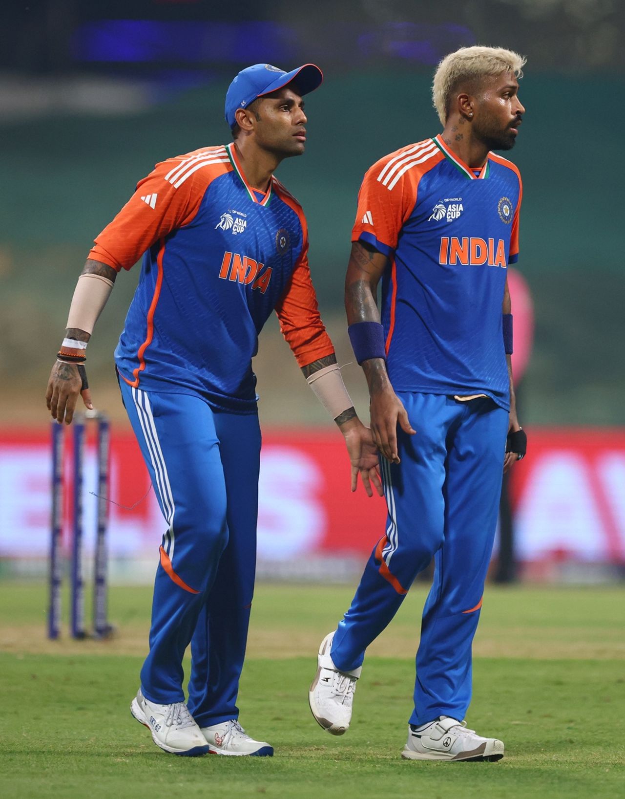 Suryakumar Yadav and Hardik Pandya react in the field, India vs Oman, Asia Cup, Dubai, September 19, 2025