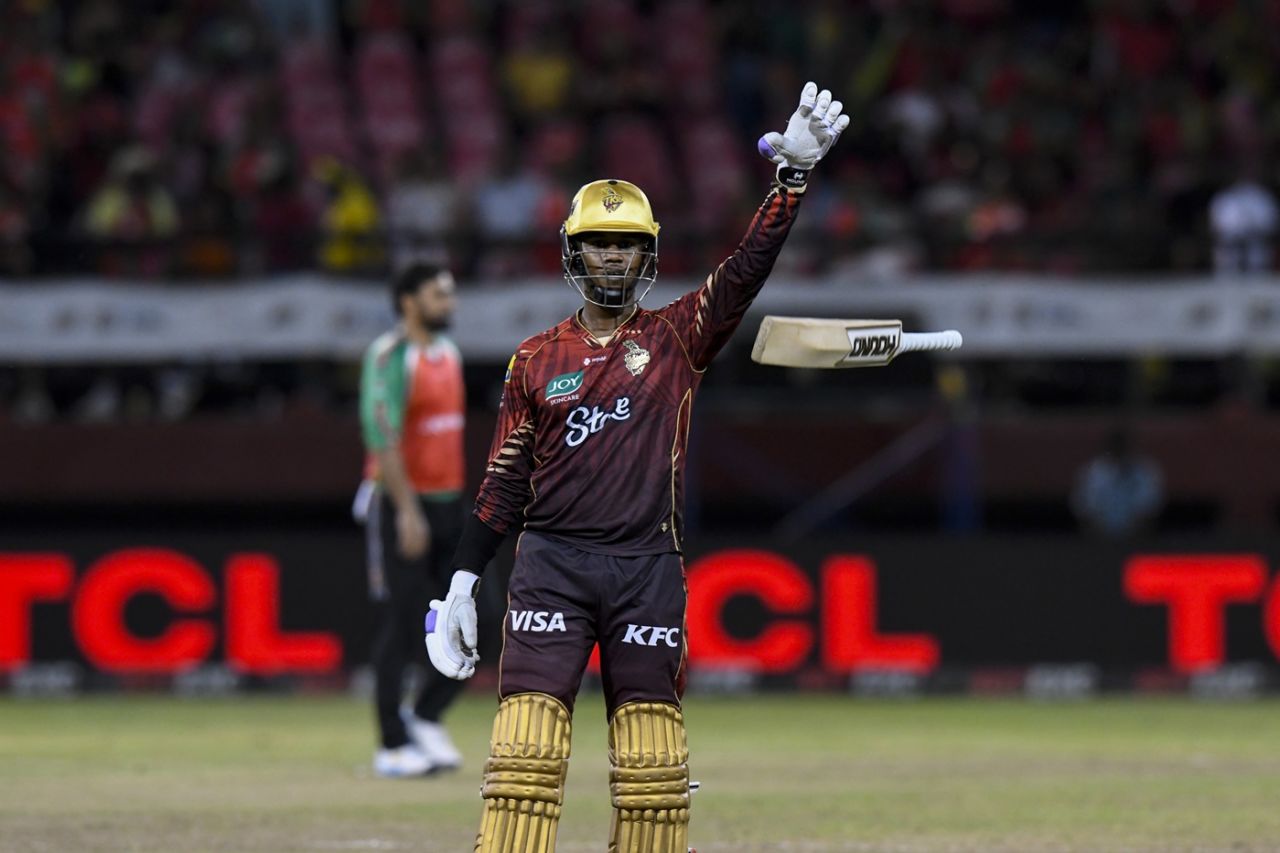 Akeal Hosein brings out the bat-drop celebration after the win, Guyana Amazon Warriors vs Trinbago Knight Riders, CPL final, Providence, September 21, 2025