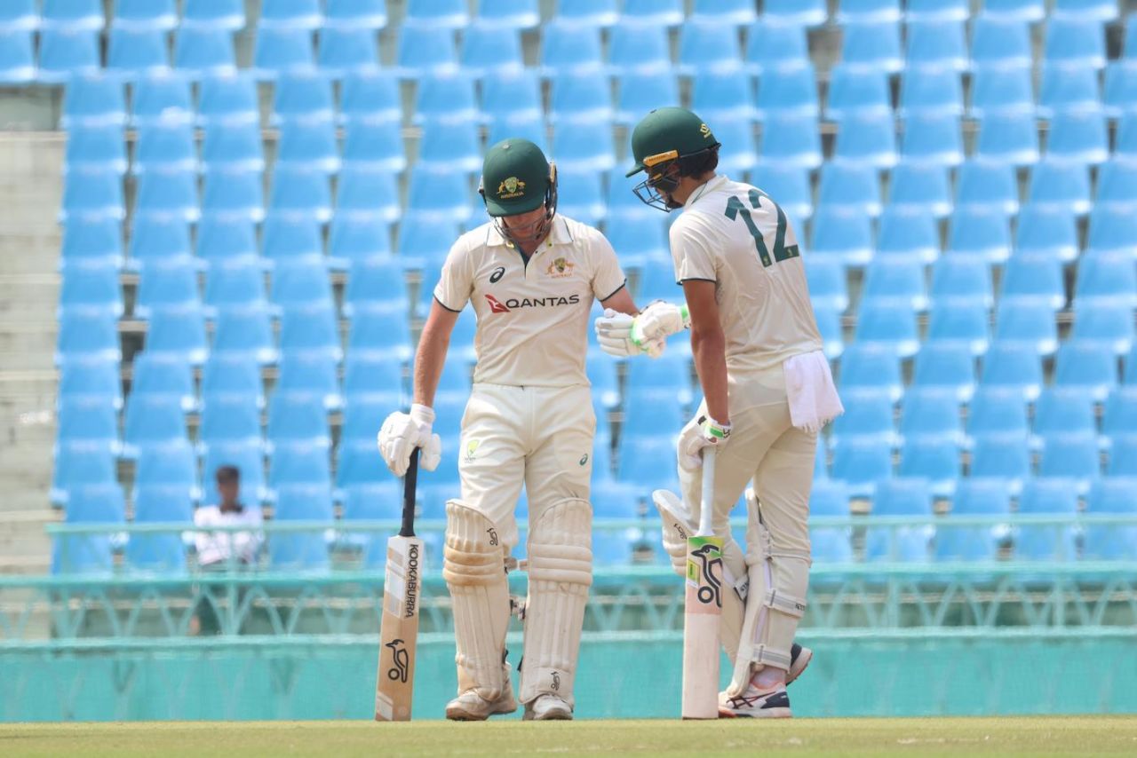 Nathan McSweeney and Sam Konstas played out most of the first session, India A vs Australia A, 2nd unofficial Test, 1st day, Lucknow, September 23, 2025