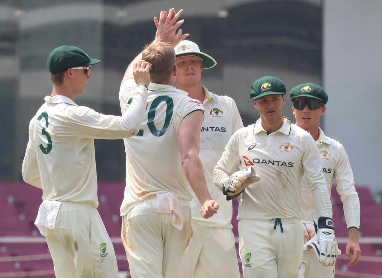 Will Sutherland celebrates after sending back KL Rahul, India A vs Australia A, 2nd unofficial Test, 2nd day, Lucknow, September 24, 2025