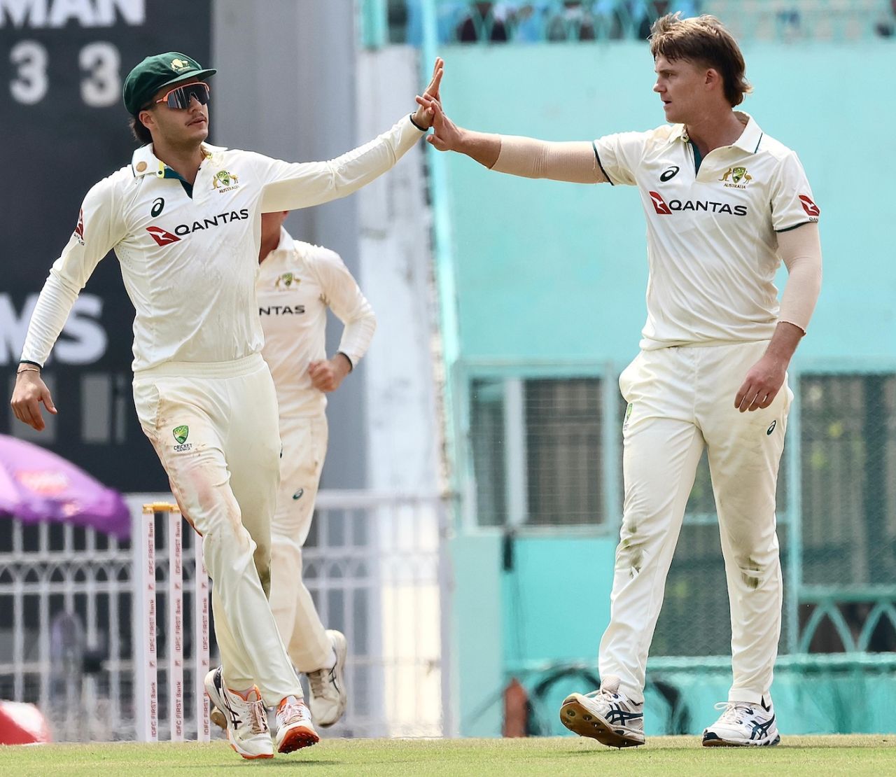 Henry Thornton celebrates a wicket with Sam Konstas, India A vs Australia A, 2nd unofficial Test, 2nd day, Lucknow, September 24, 2025