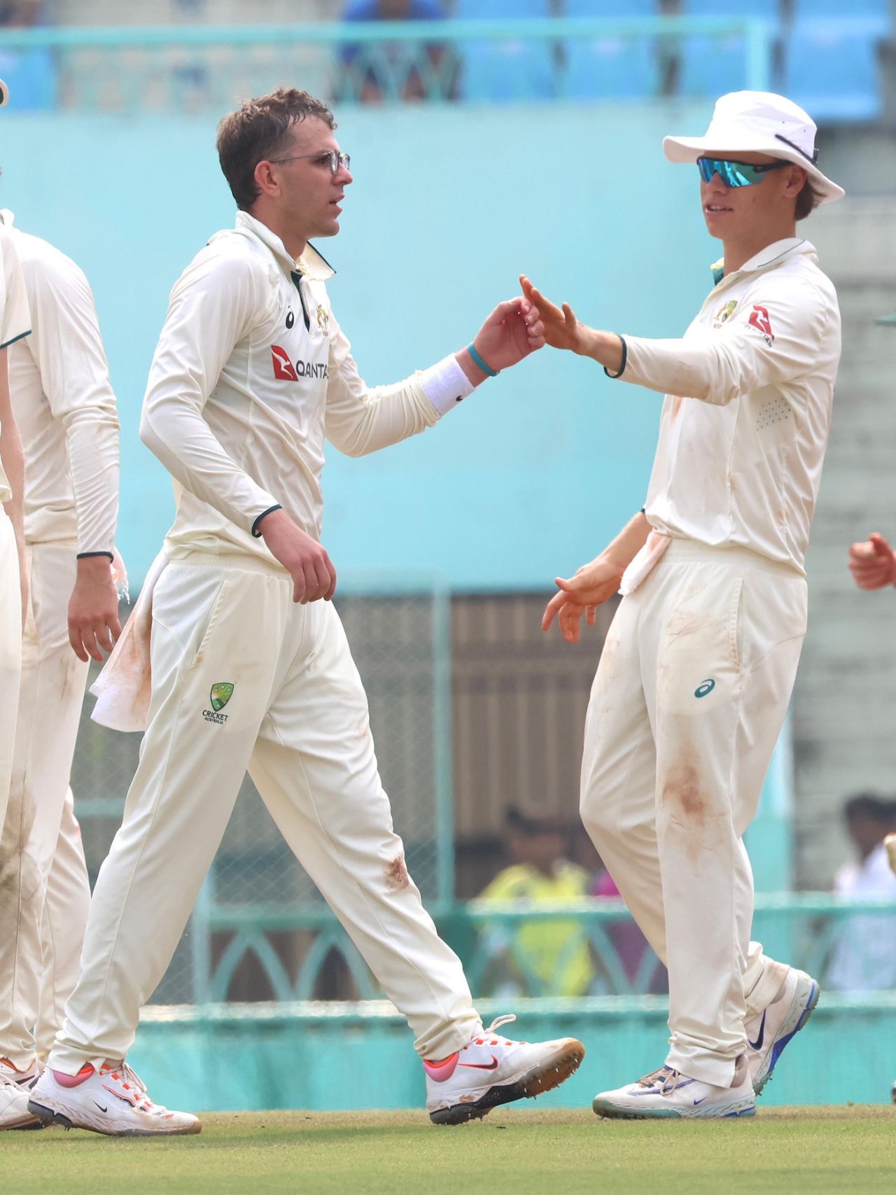 Todd Murphy celevrates a wicket with Cooper Connolly, India A vs Australia A, 2nd unofficial Test, 2nd day, Lucknow, September 24, 2025