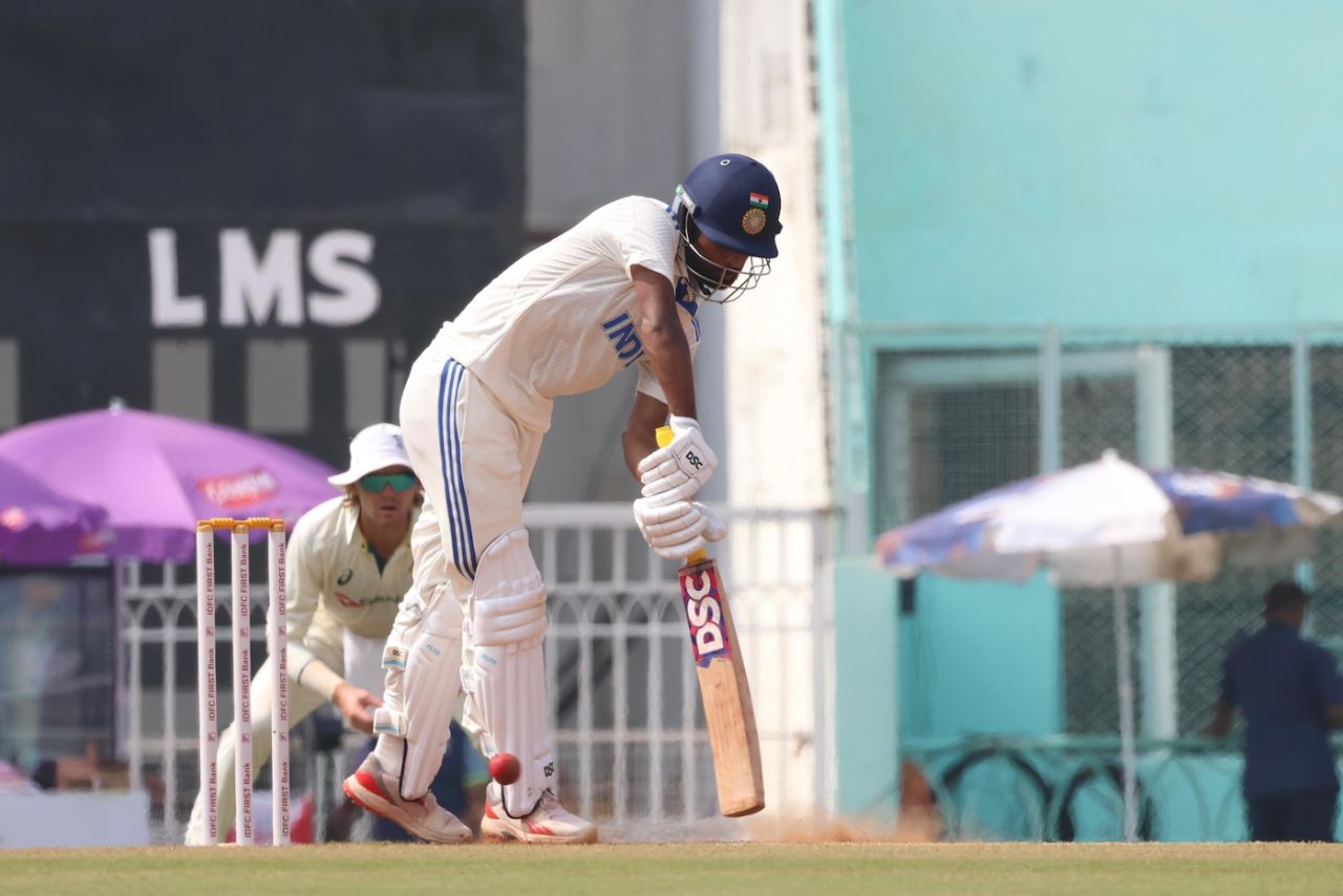 Manav Suthar plays to the leg side, India A vs Australia A, 2nd unofficial Test, 4th day, Lucknow, September 26, 2025