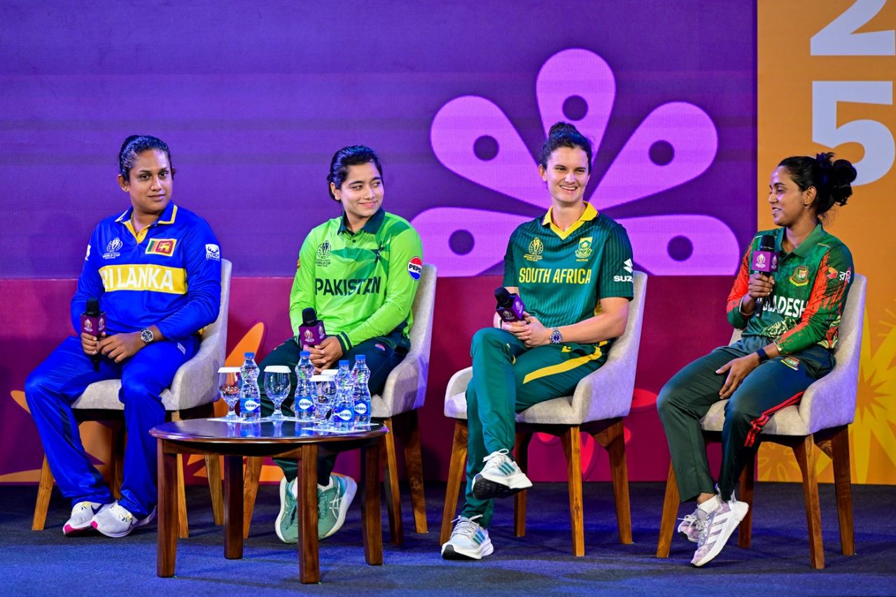 Captains Chamari Athapaththu, Fatima Sana, Laura Wolvaardt and Nigar Sultana at a press conference, Women's World Cup, Colombo, September 26, 2025 