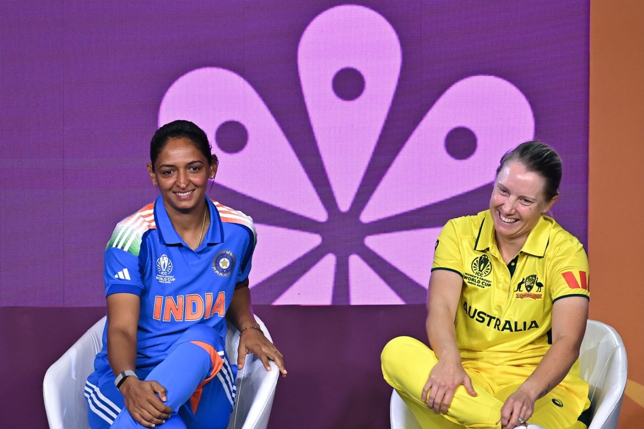 Harmanpreet Kaur and Alyssa Healy at the captains' conference, Women's World Cup, Bengaluru, September 26, 2025 