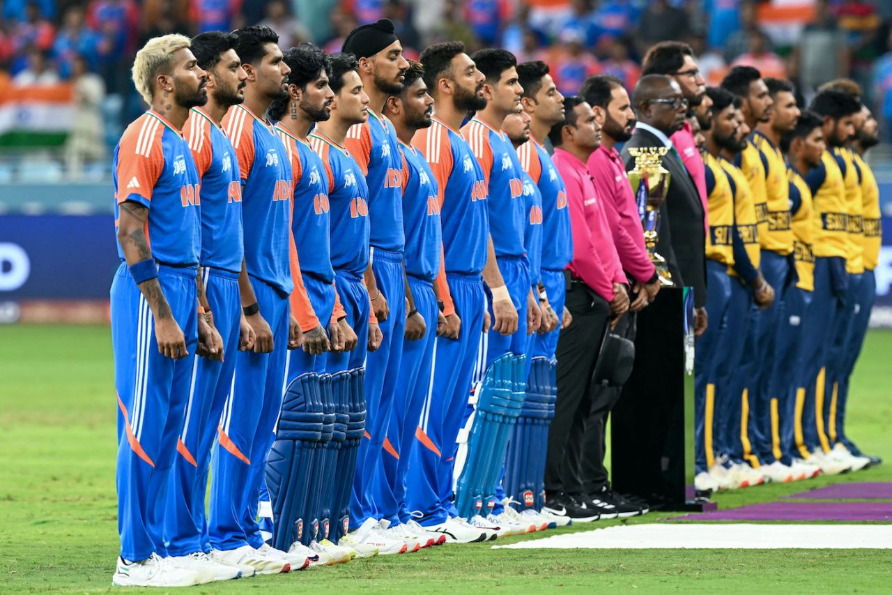 India and Sri Lanka's players line up for the national anthems, India vs Sri Lanka, Men's T20 Asia Cup, Dubai, September 26, 2025