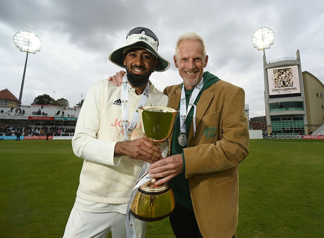 Haseeb Hameed and Peter Moores pose with the County Championship trophy, Nottinghamshire vs Warwickshire, County Championship, Division One, Trent Bridge, September 26, 2025