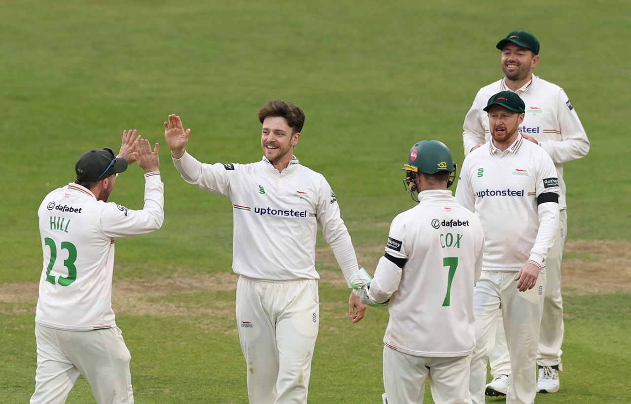 Liam Trevaskis celebrates a wicket, Northamptonshire vs Leicestershire, County Championship, Wantage Road, September 26, 2025
