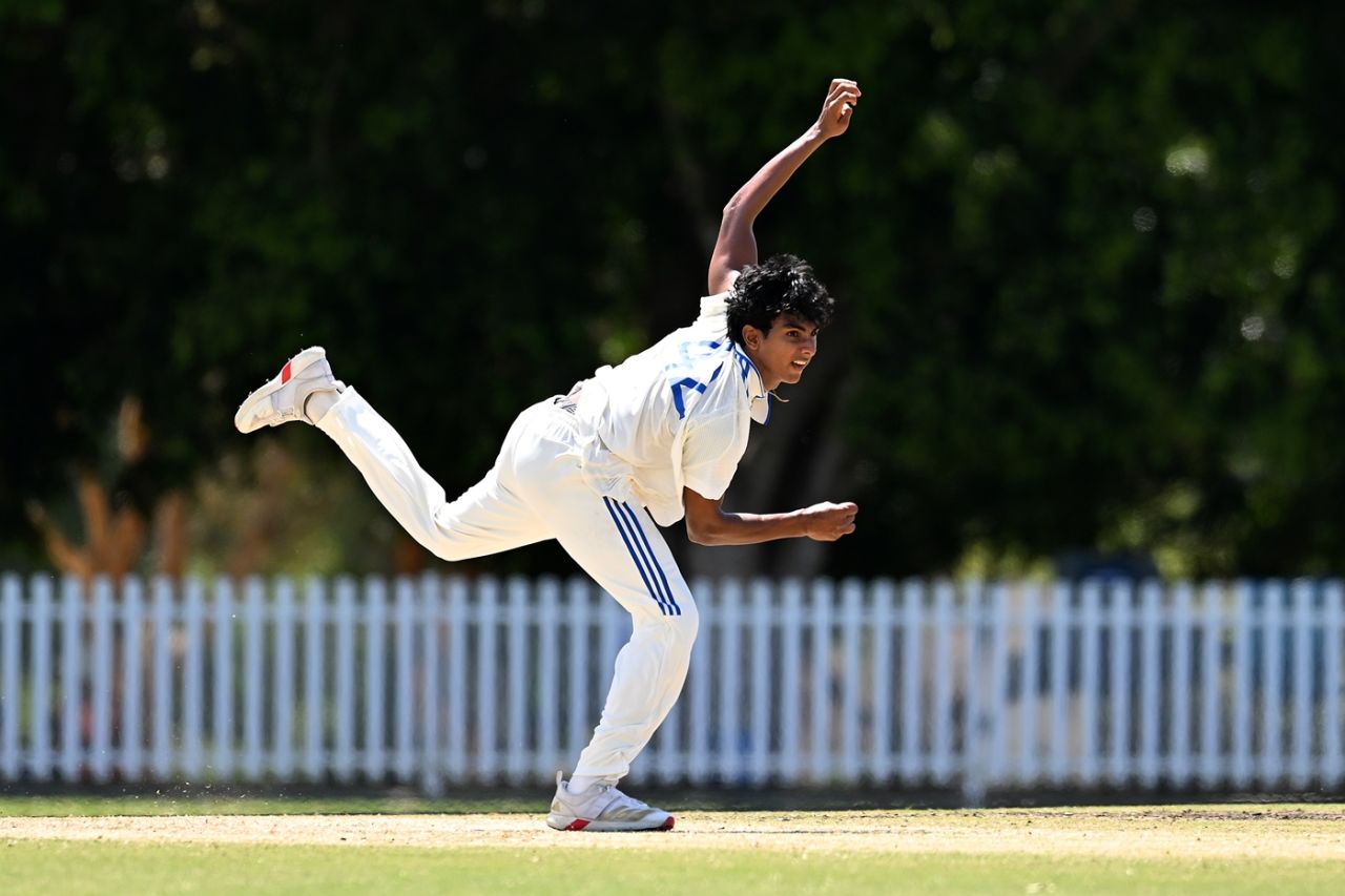 RS Ambrish operated with the new ball for India A, Australia Under-19 vs India Under-19, 1st Youth Test, Brisbane, September 30, 2025