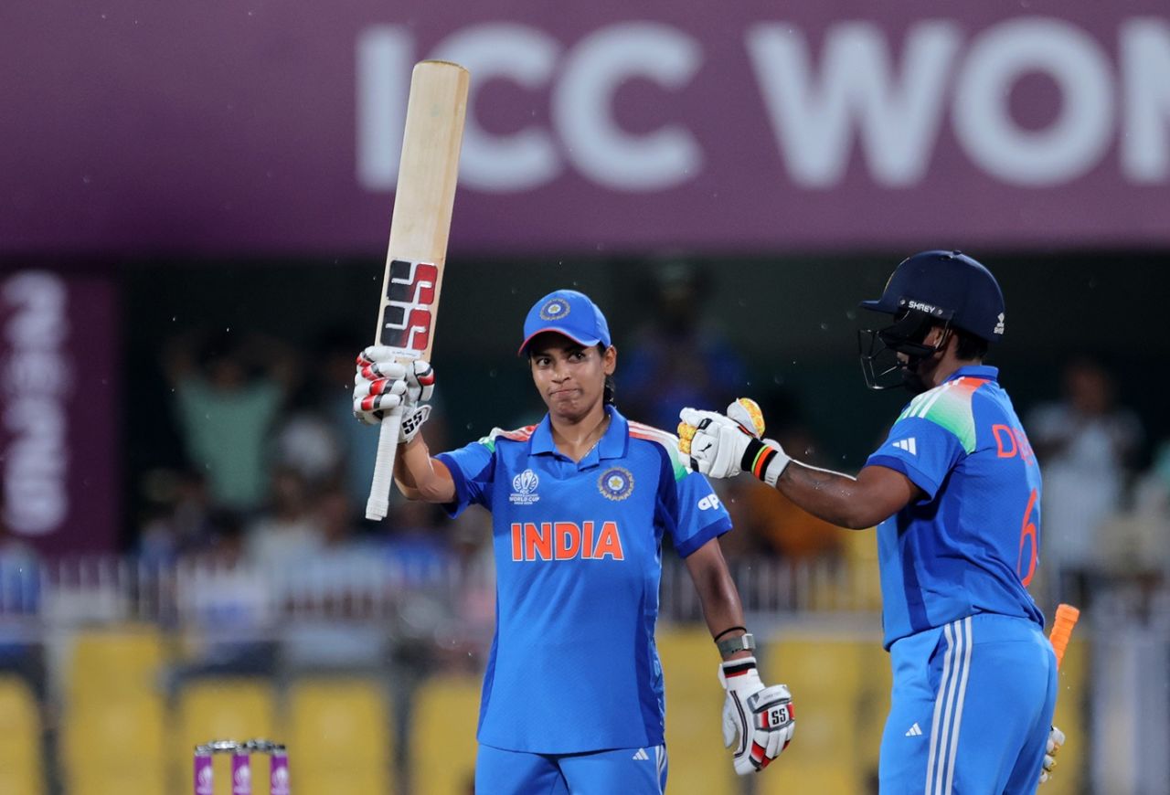Amanjot Kaur celebrates her fifty as Deepti Sharma cheers on, India vs Sri Lanka, Women's ODI World Cup, Guwahati, September 30, 2025