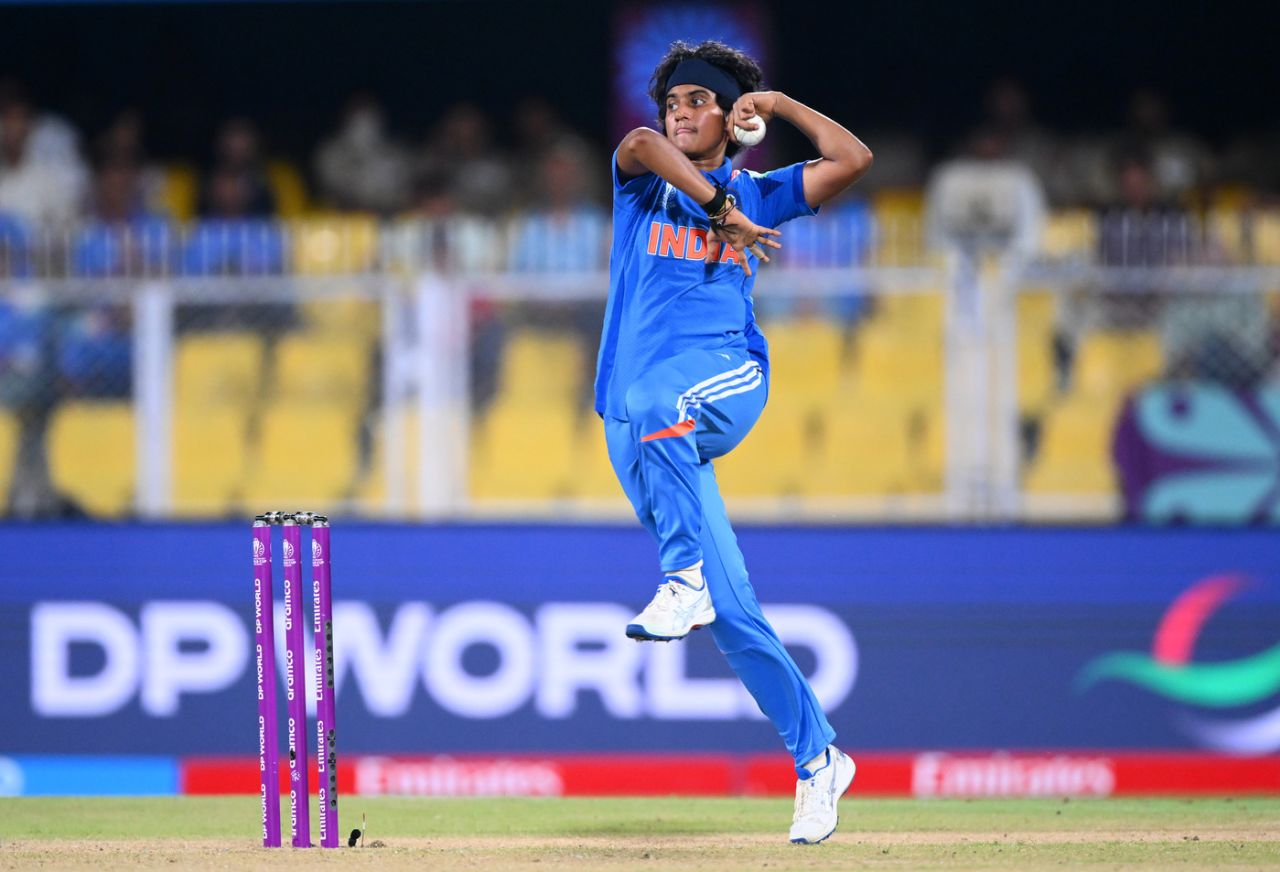 Spinner Shree Charani in action, India vs Sri Lanka, Women's ODI World Cup, Guwahati, September 30, 2025