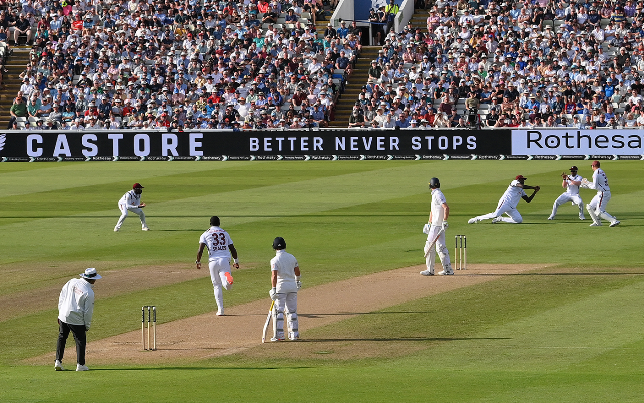 Jason Holder takes a catch to dismiss Zak Crawley off the bowling of Jayden Seales, England vs West Indies, 3rd Test, Edgbaston, Birmingham, 1st day, July 26, 2024