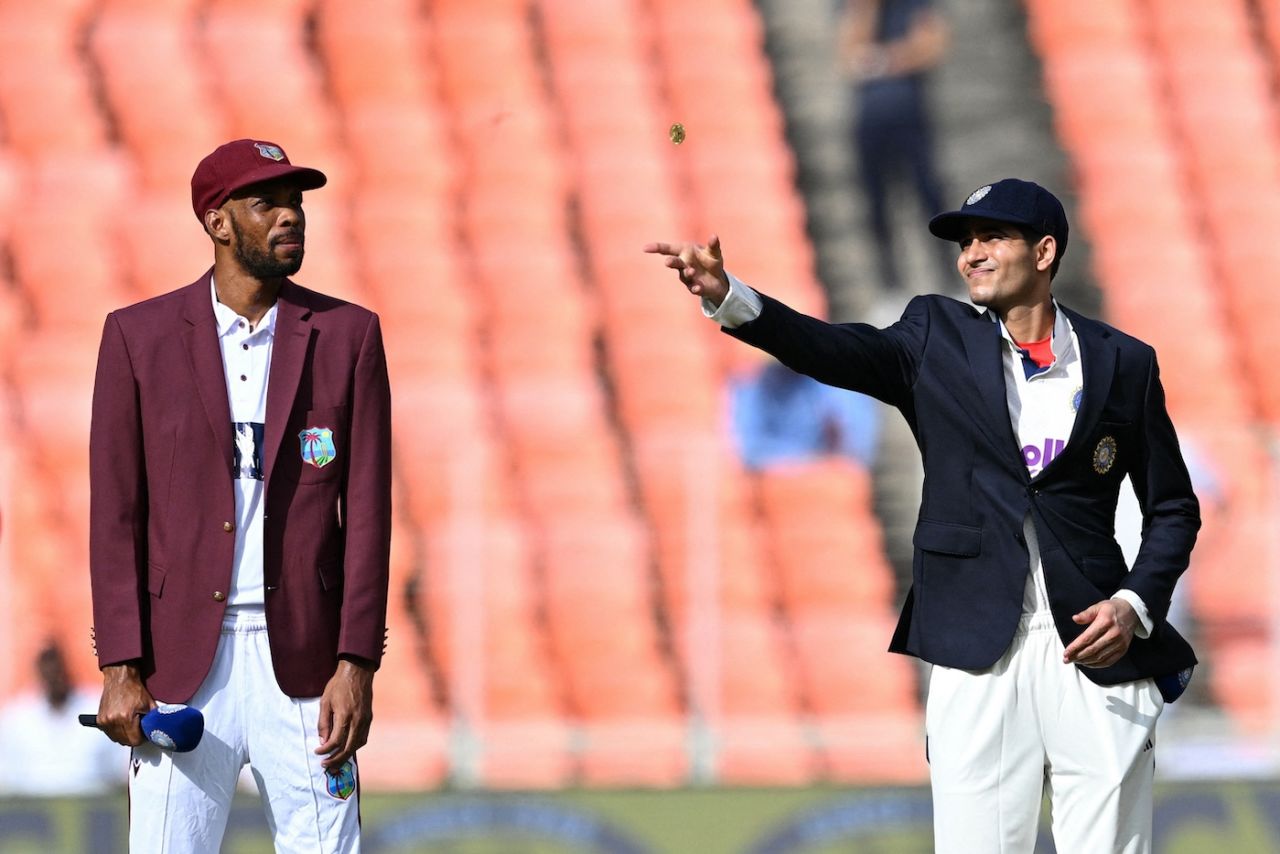 Shubman Gill flips the coin as Roston Chase looks on, India vs West Indies, 1st Test, Ahmedabad, 1st day, October 2, 2025