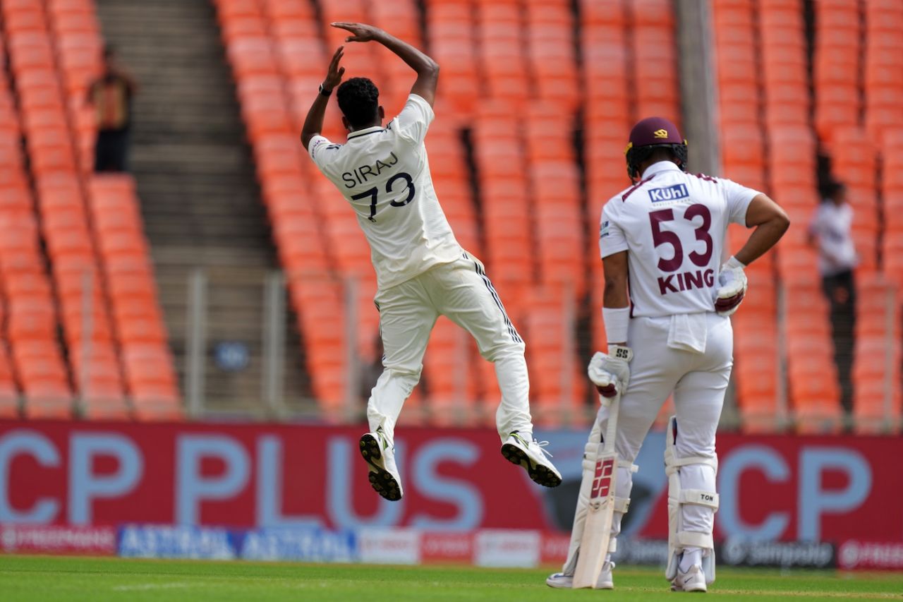 Mohammed Siraj leaps in celebration after bowling Brandon King, India vs West Indies, 1st Test, Ahmedabad, 1st day, October 2, 2025