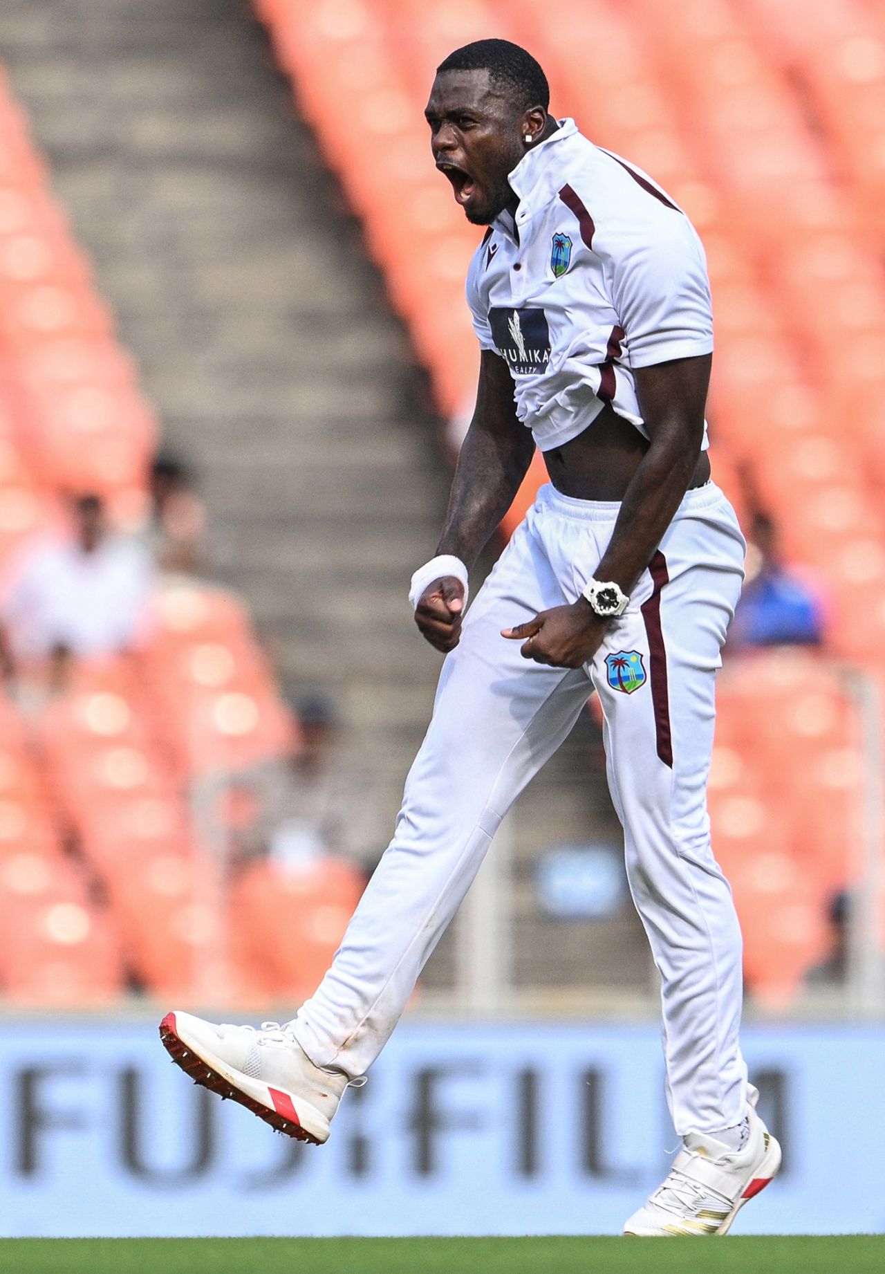 Jayden Seales is pumped after removing Yashasvi Jaiswal, India vs West Indies, 1st Test, Ahmedabad, 1st day, October 2, 2025