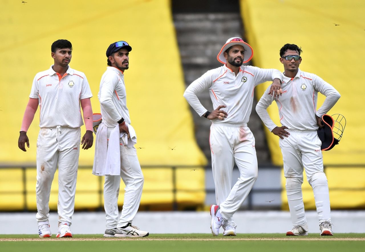 Darshan Nalkande, Yash Rathod, Dhruv Shorey and Aman Mokhade look on, Vidarbha vs Rest of India, Nagpur, Irani Cup, 2nd day, October 2, 2025