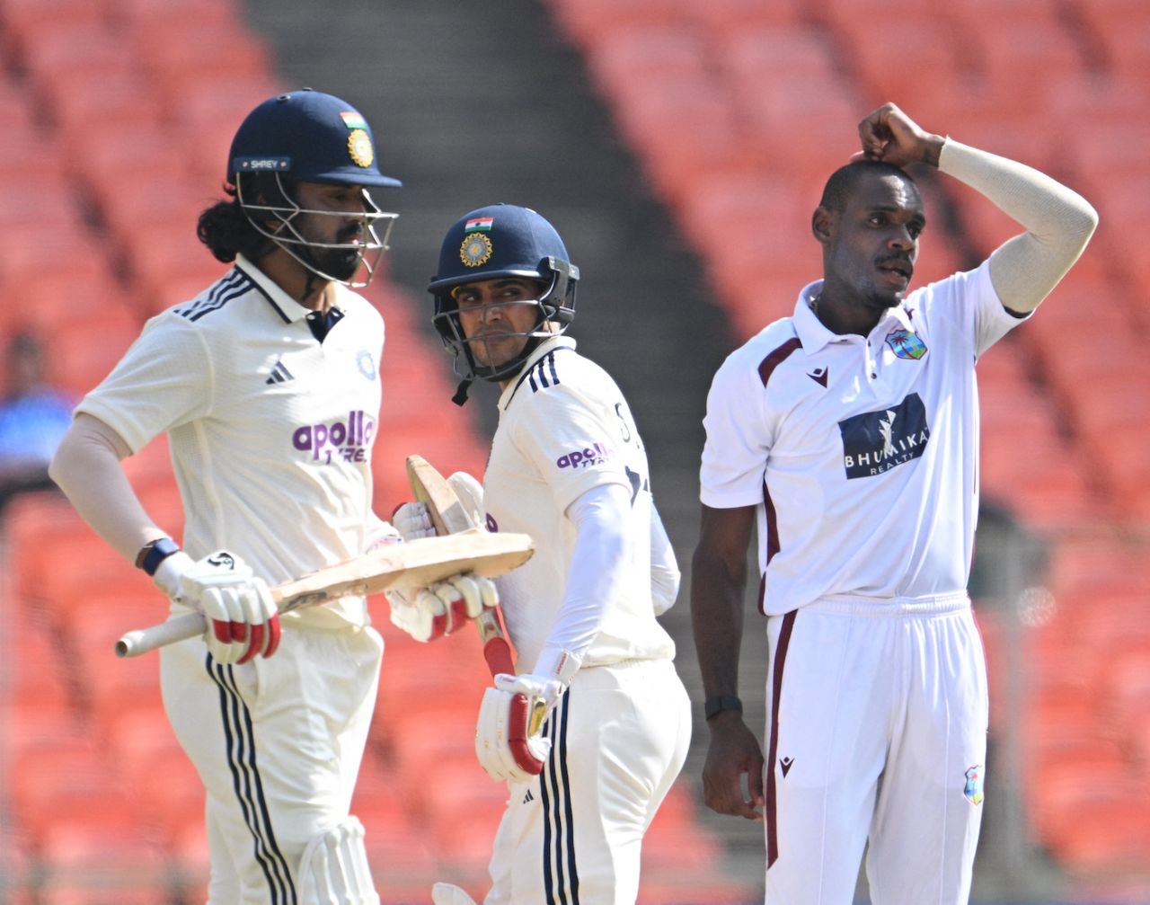 Justin Greaves reacts as KL Rahul and Shubman Gill the take a single, India vs West Indies, 1st Test, Ahmedabad, 2nd day, October 3, 2025