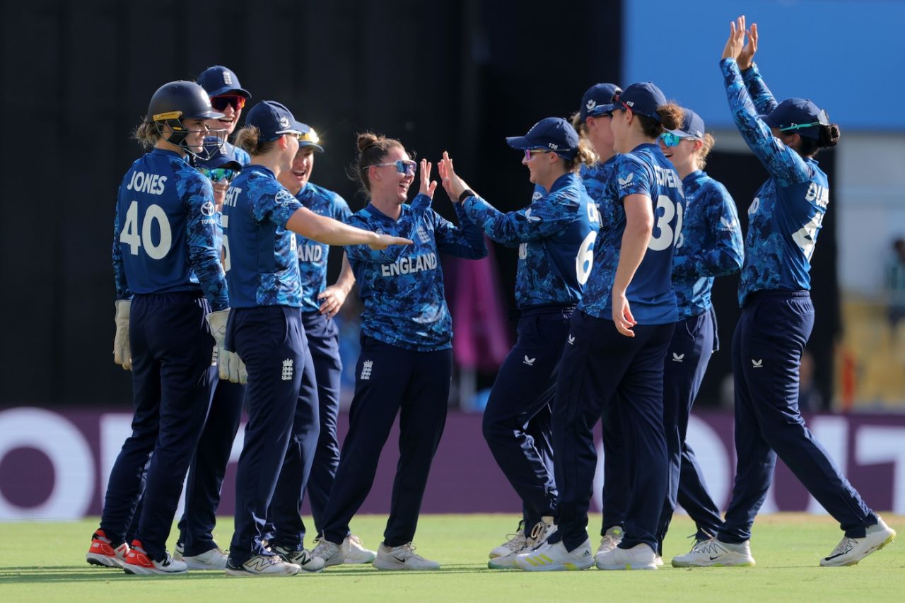 Linsey Smith celebrates the early wicket of Laura Wolvaardt, England vs South Africa, Women's ODI World Cup, Guwahati, October 3, 2025