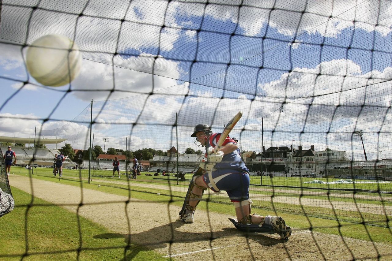Andrew Strauss reverse sweeps a ball into a net, England vs Pakistan, 4th ODI, Trent Bridge, September 7, 2006