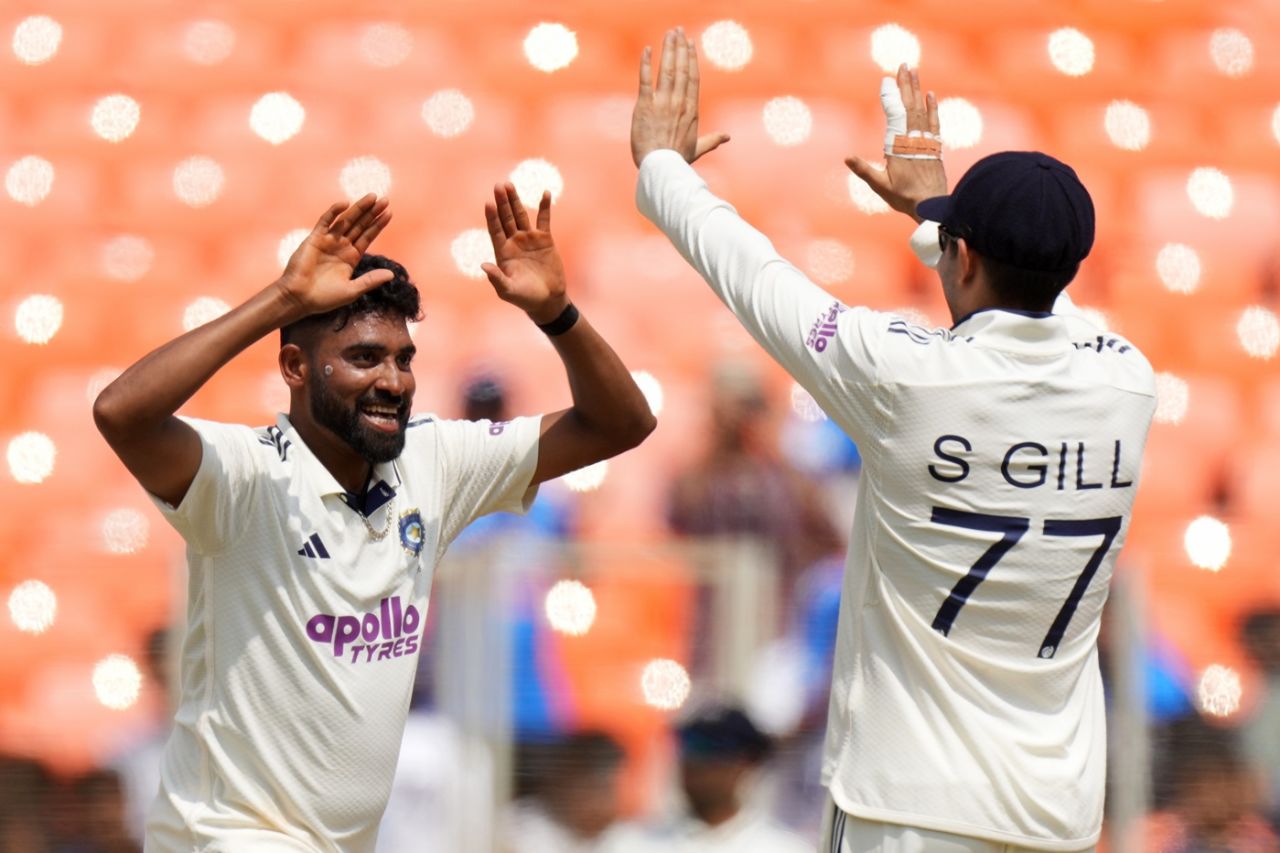 Mohammed Siraj celebrates a wicket with Shubman Gill, India vs West Indies, 1st Test, day 3, Ahmedabad, October 4, 2025