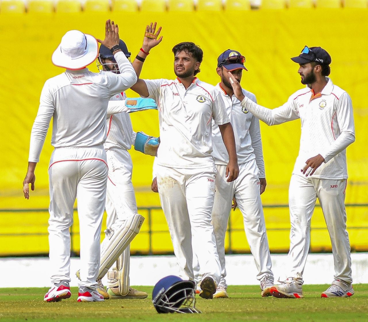 Harsh Dubey celebrates a wicket with his team-mates, Vidarbha vs Rest of India, Irani Cup, 4th day, Nagpur, October 4, 2025